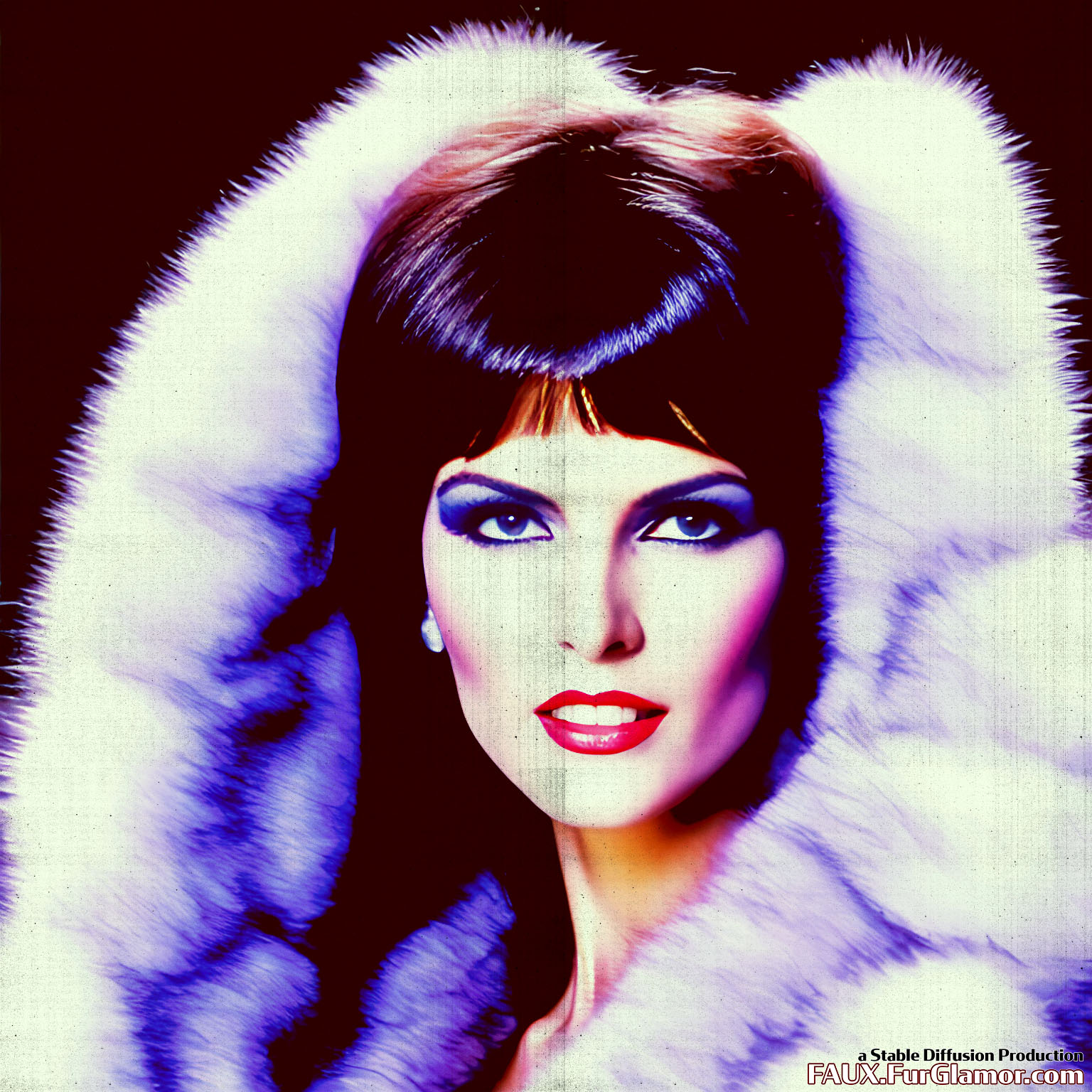 Stable Diffusion Render of 80s actress Caroline Munro in a Fur Coat