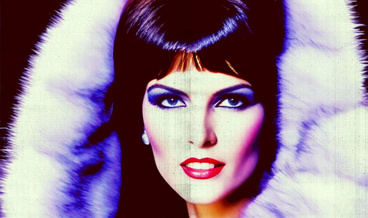 Stable Diffusion Render of 80s actress Caroline Munro in a Fur Coat