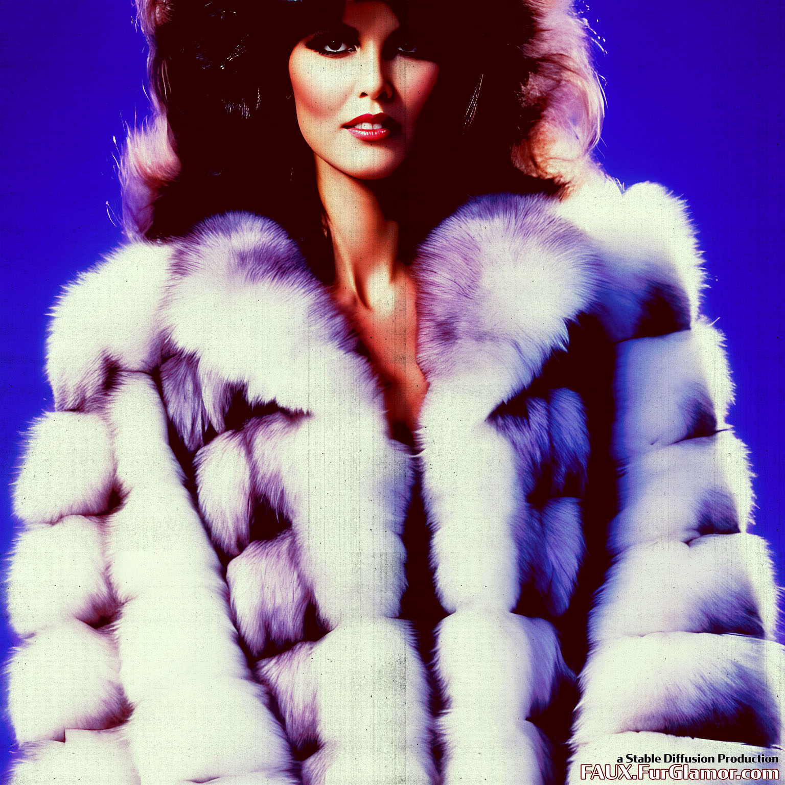 Stable Diffusion Render of 80s actress Caroline Munro in a Fur Coat