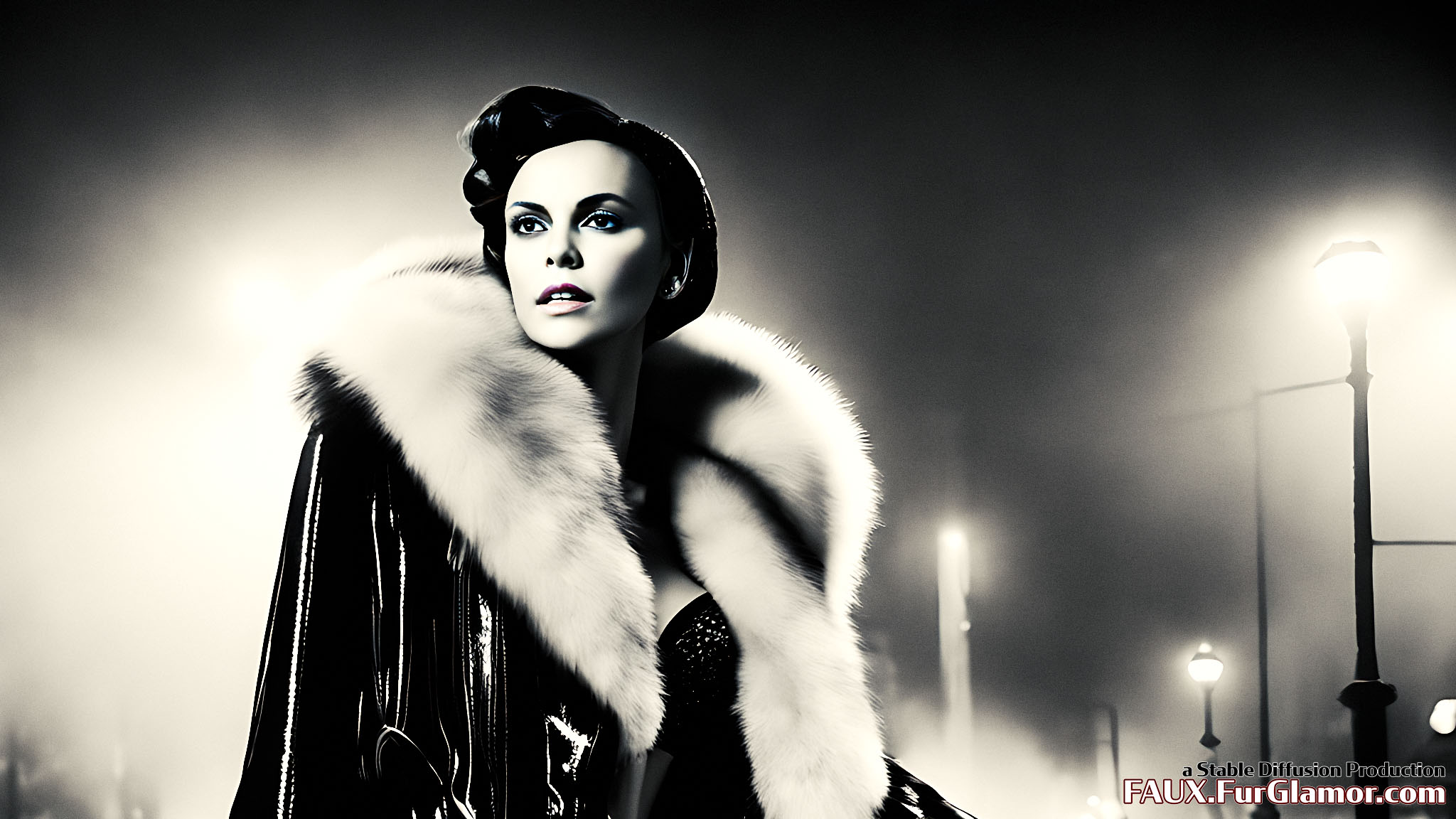 Stable Diffusion Render of Charlize Theron in a Fur Coat