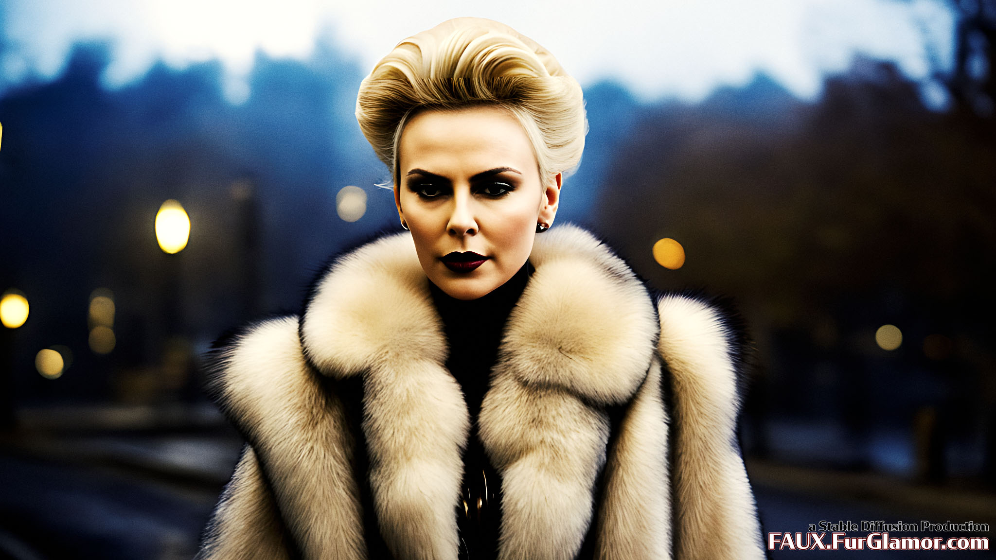 Stable Diffusion Render of Charlize Theron in a Fur Coat