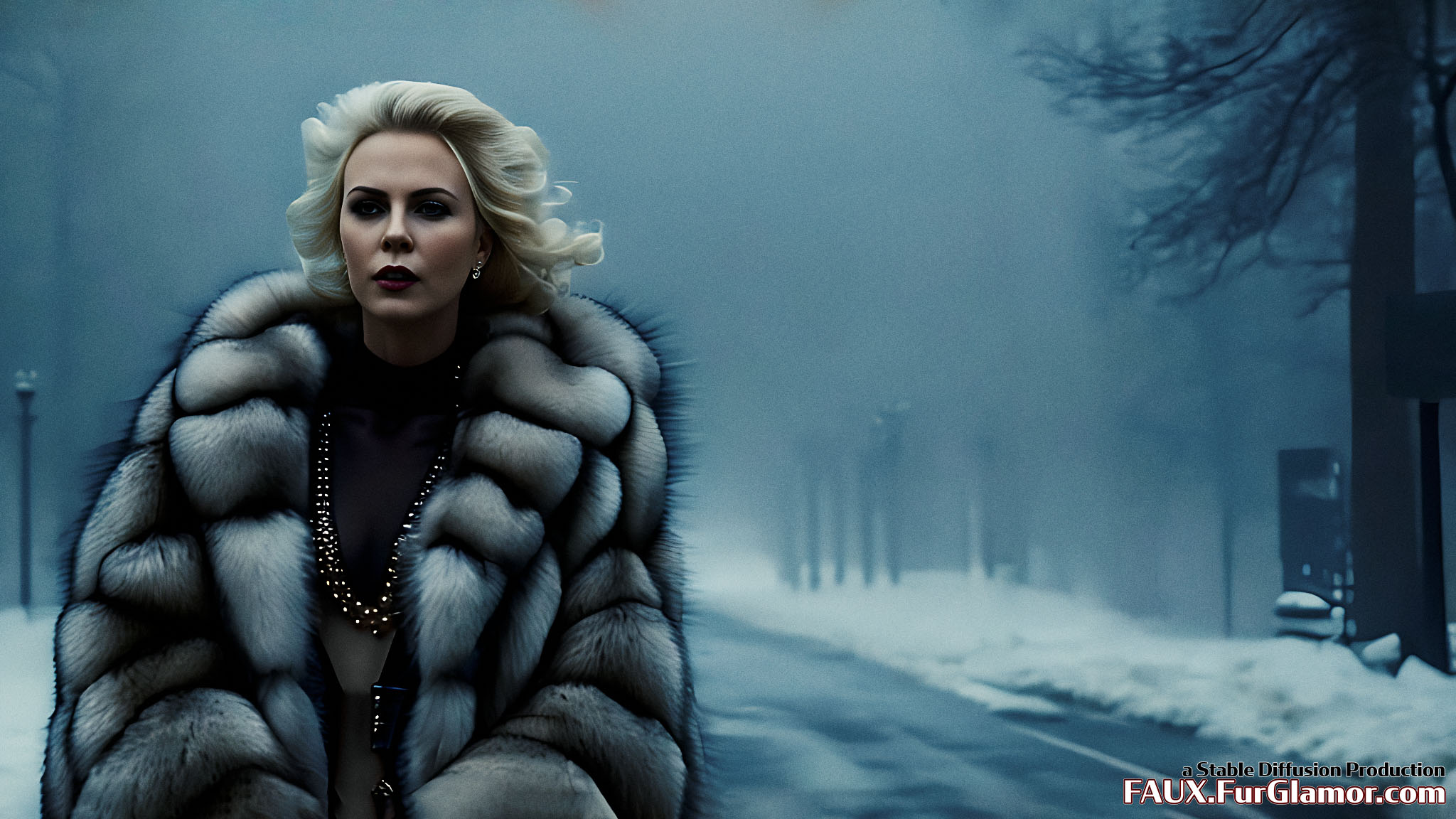 Stable Diffusion Render of Charlize Theron in a Fur Coat
