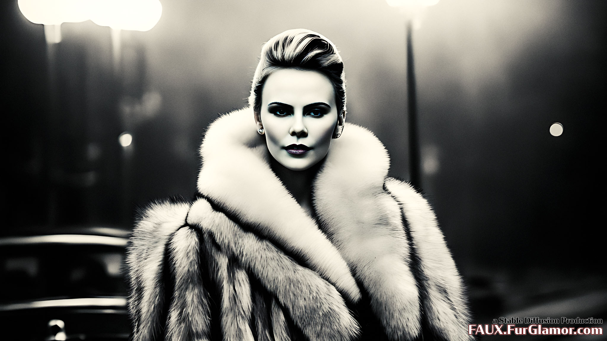 Stable Diffusion Render of Charlize Theron in a Fur Coat