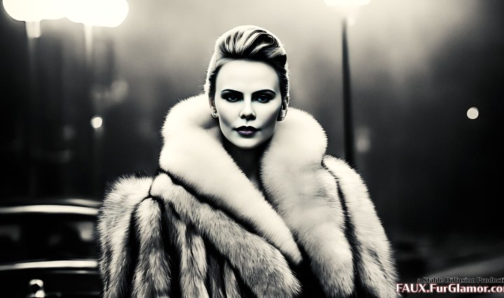 Stable Diffusion Render of Charlize Theron in a Fur Coat