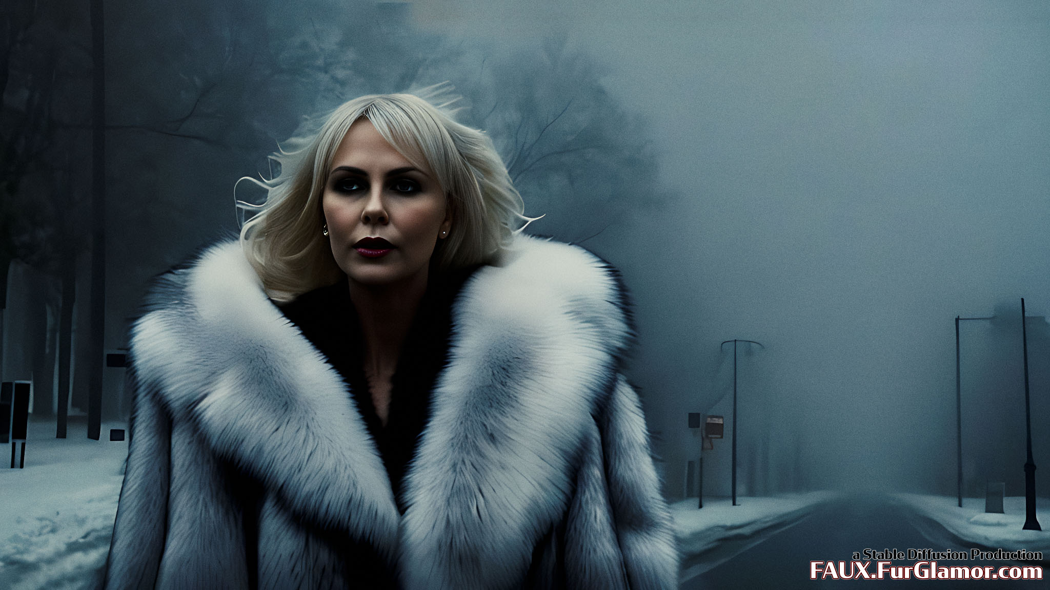 Stable Diffusion Render of Charlize Theron in a Fur Coat