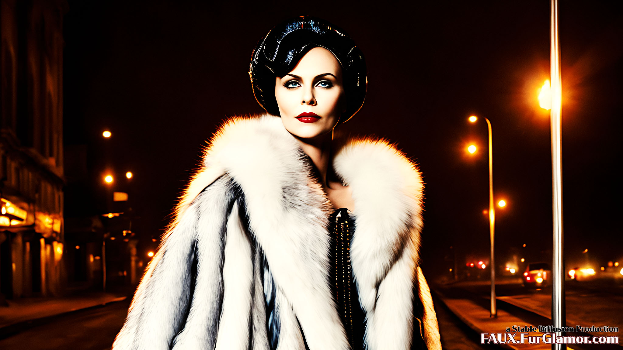 Stable Diffusion Render of Charlize Theron in a Fur Coat