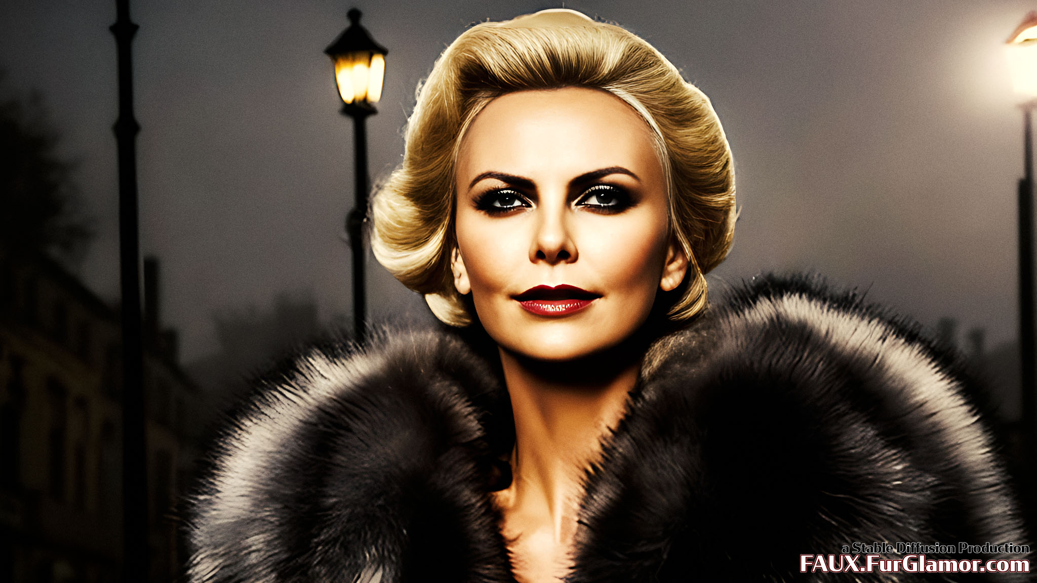 Stable Diffusion Render of Charlize Theron in a Fur Coat