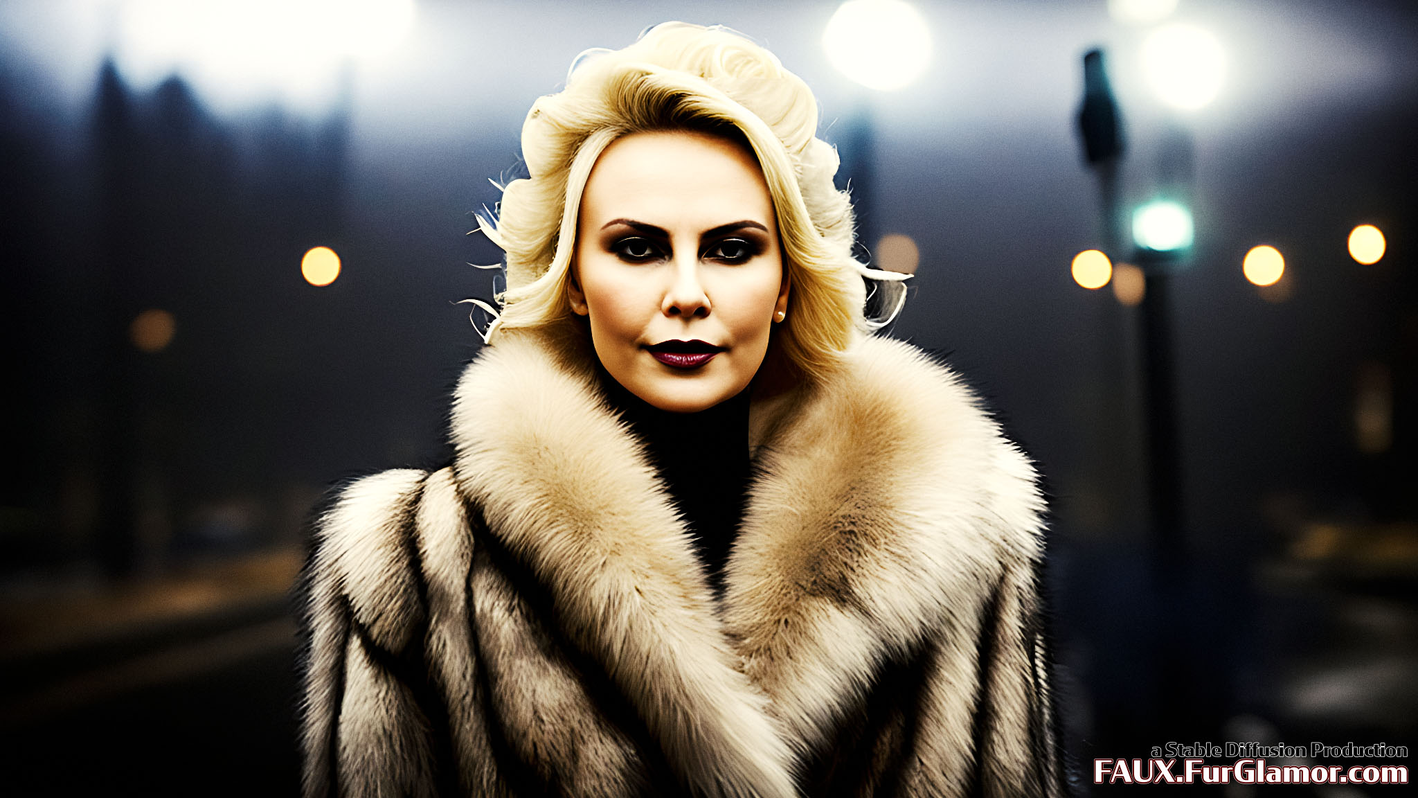 Stable Diffusion Render of Charlize Theron in a Fur Coat