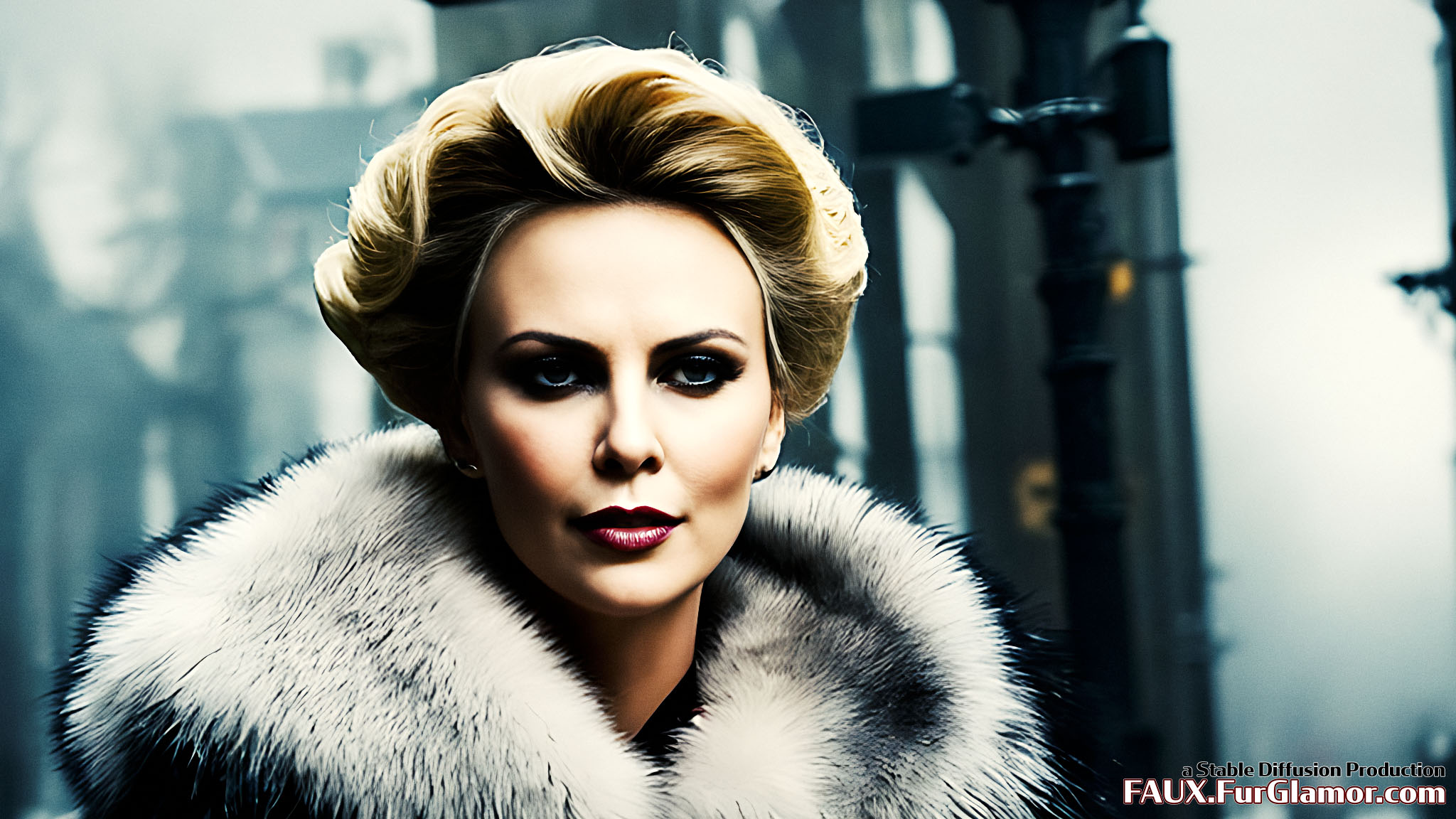 Stable Diffusion Render of Charlize Theron in a Fur Coat