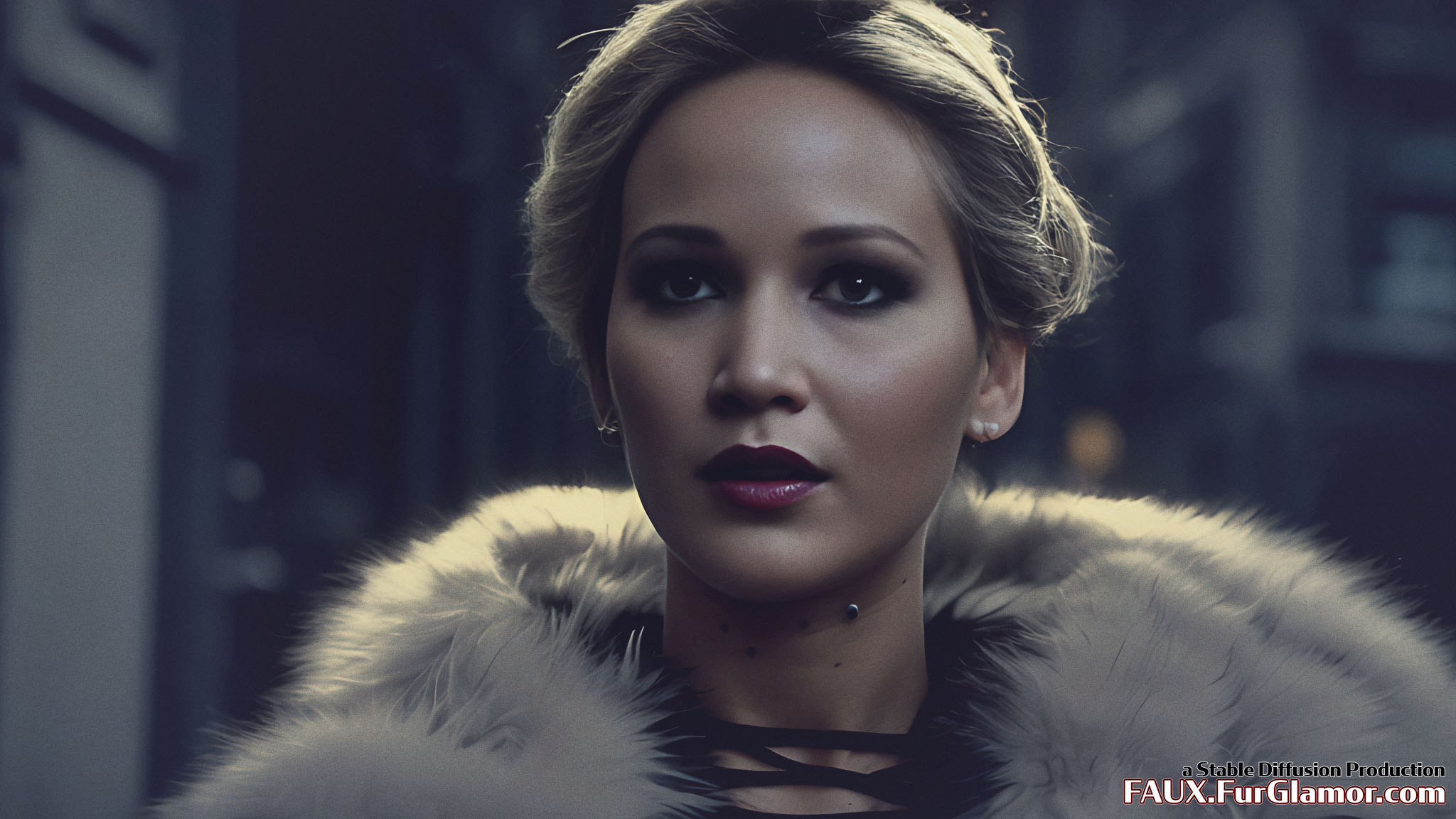 Stable Diffusion Render of Jennifer Lawrence wearing a Fur Coat