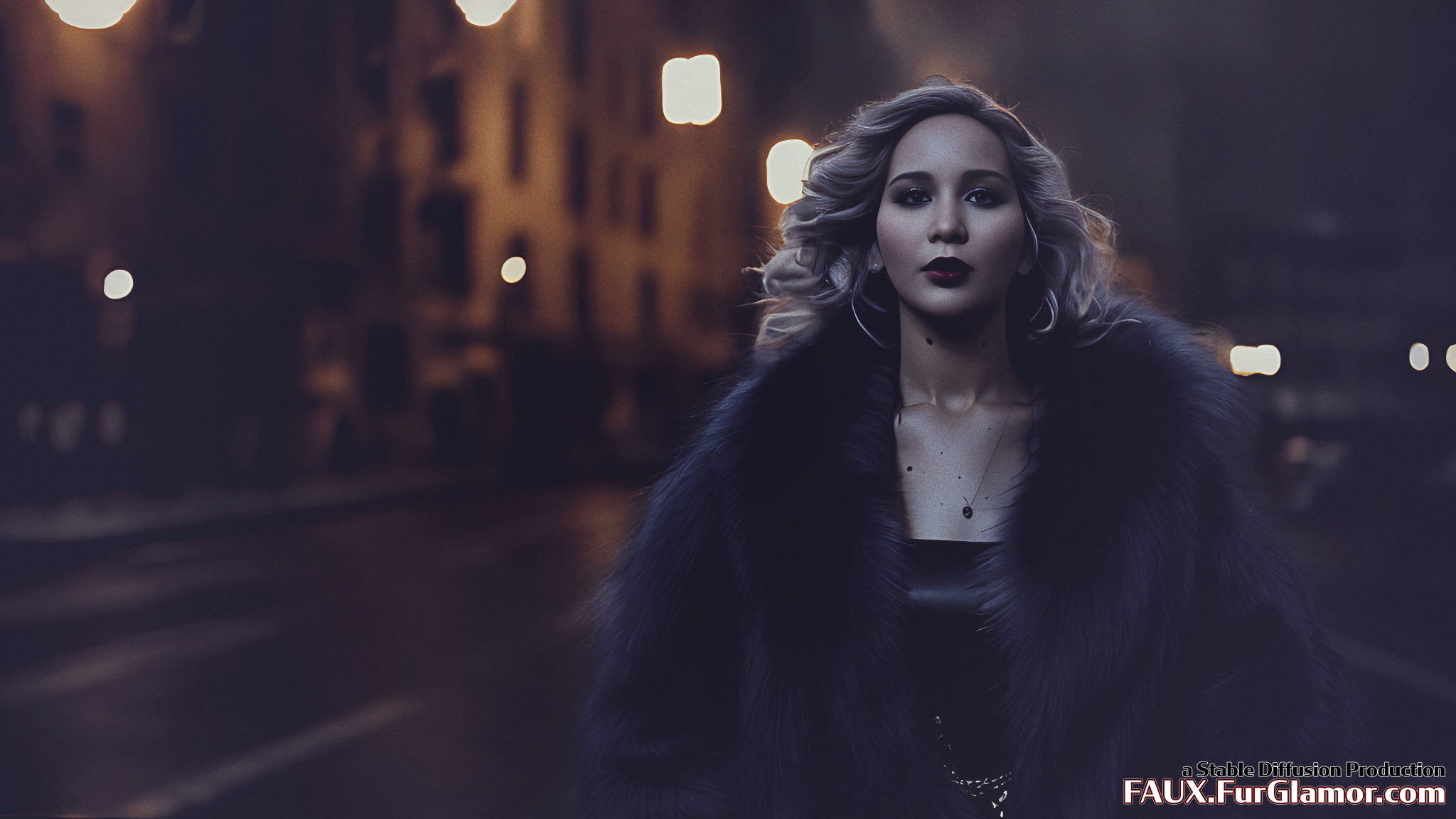 Stable Diffusion Render of Jennifer Lawrence wearing a Fur Coat