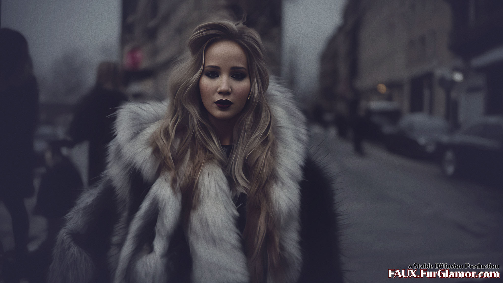 Stable Diffusion Render of Jennifer Lawrence wearing a Fur Coat