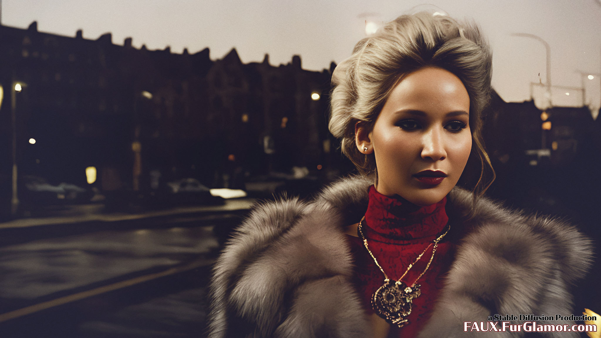 Stable Diffusion Render of Jennifer Lawrence wearing a Fur Coat