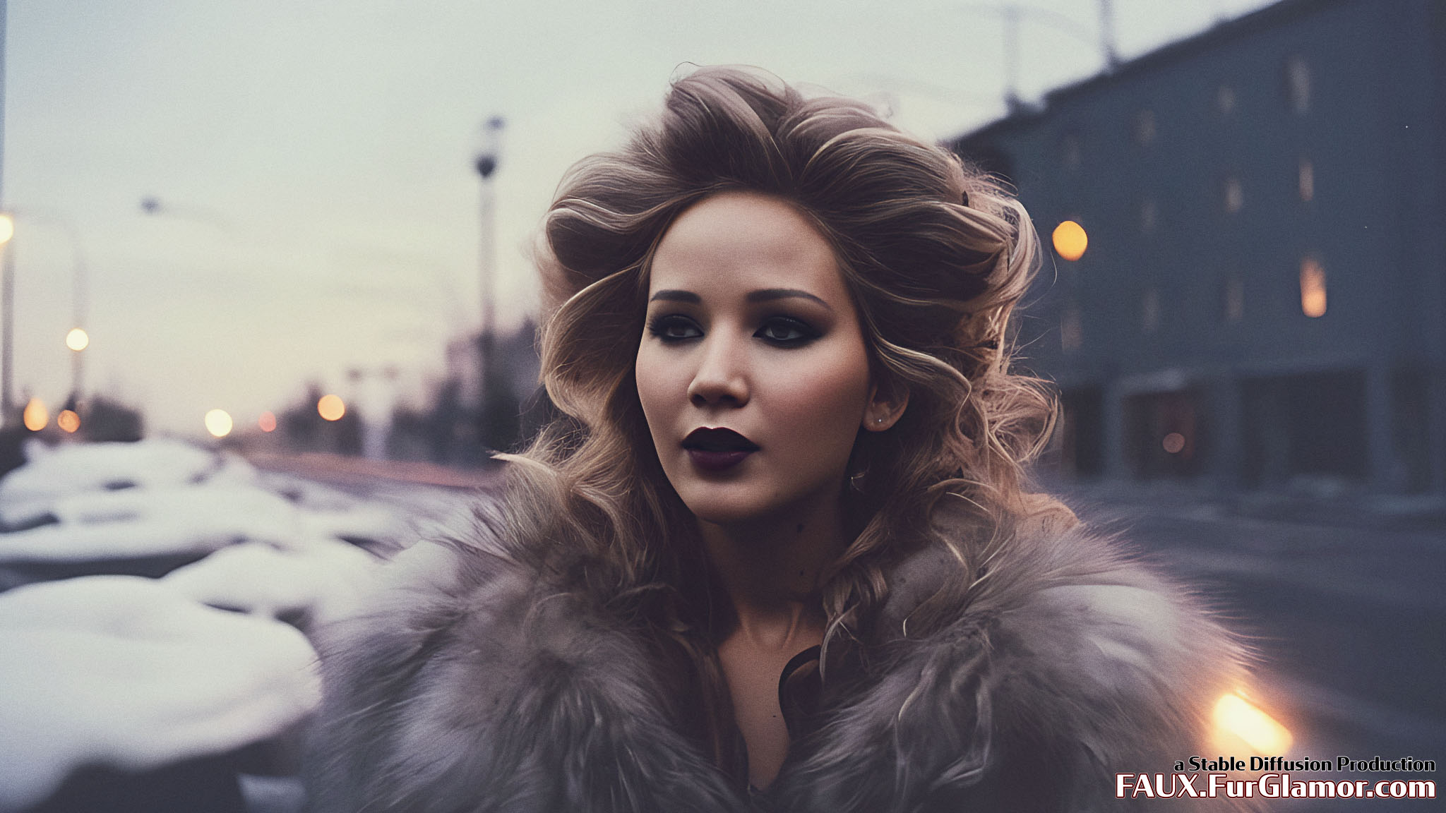 Stable Diffusion Render of Jennifer Lawrence wearing a Fur Coat