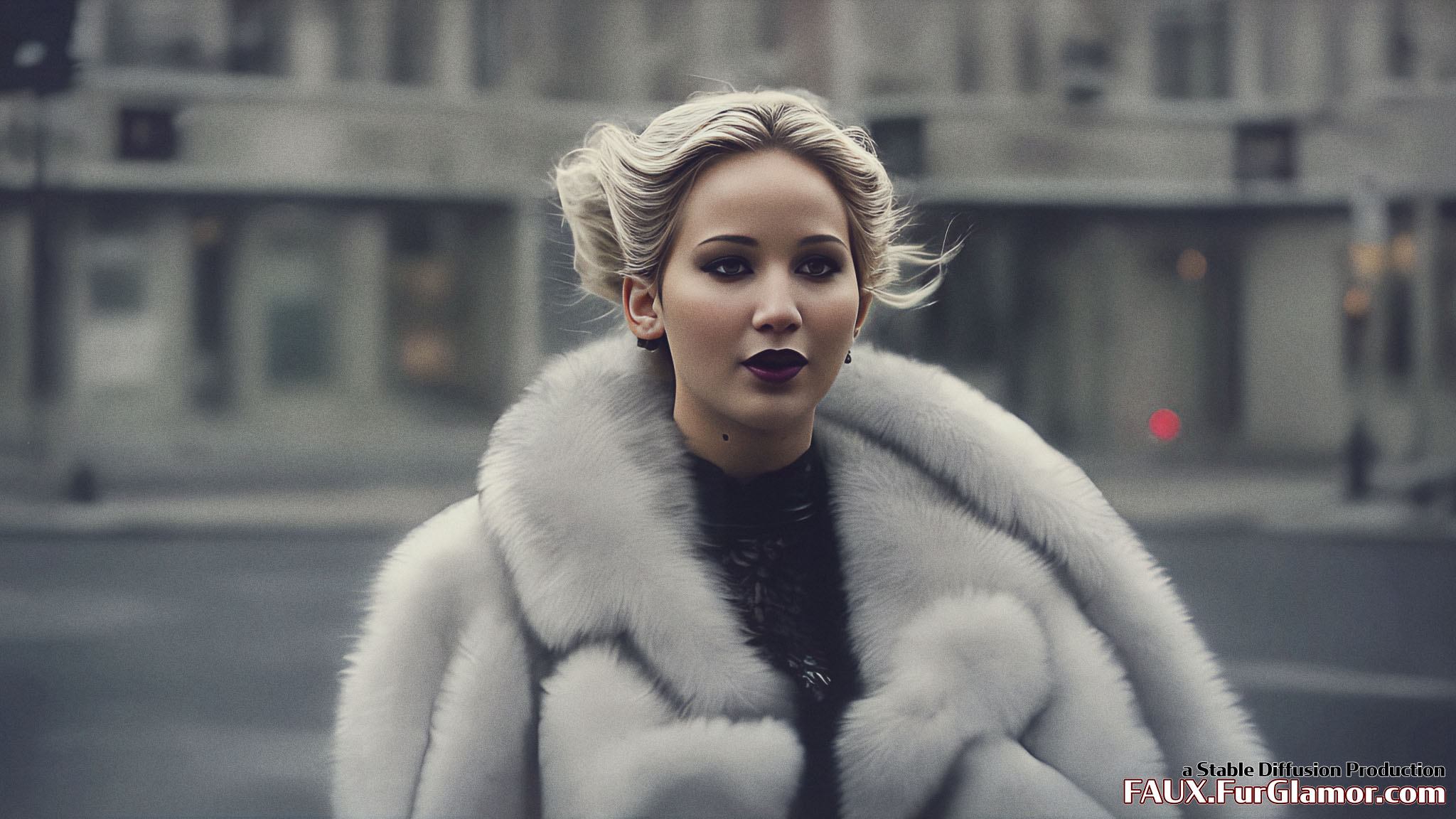 Stable Diffusion Render of Jennifer Lawrence wearing a Fur Coat