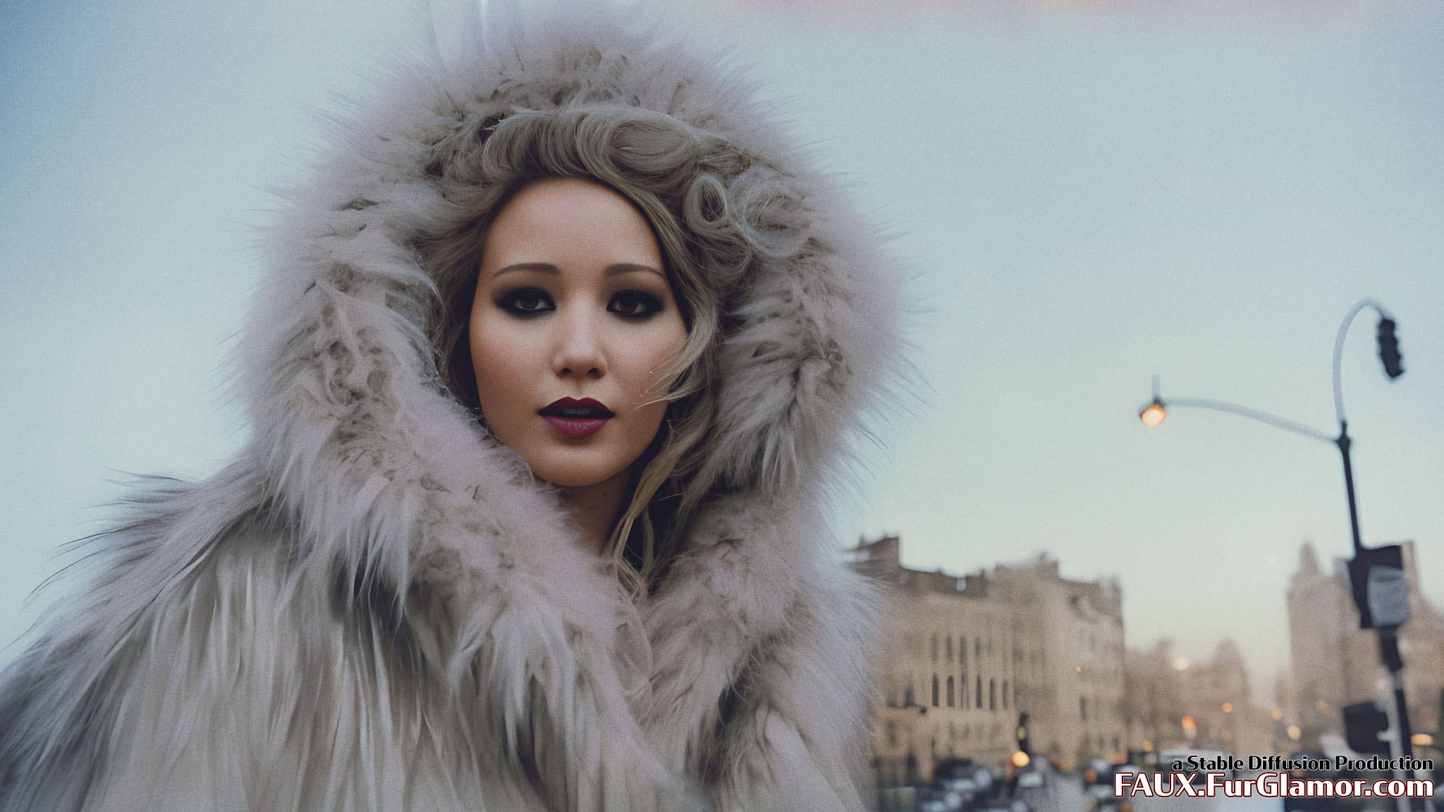 Stable Diffusion Render of Jennifer Lawrence wearing a Fur Coat