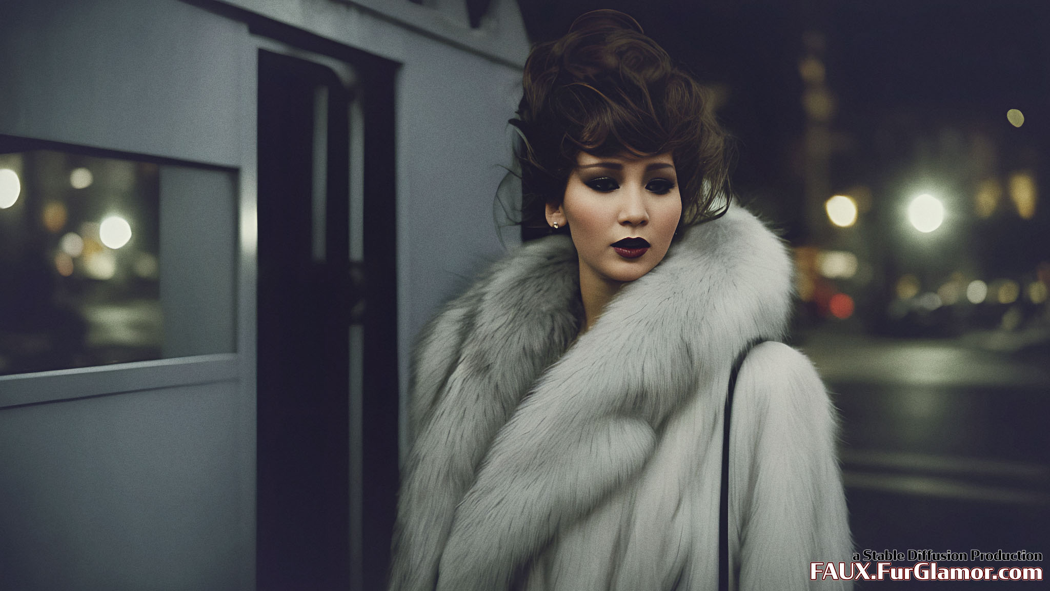 Stable Diffusion Render of Jennifer Lawrence wearing a Fur Coat