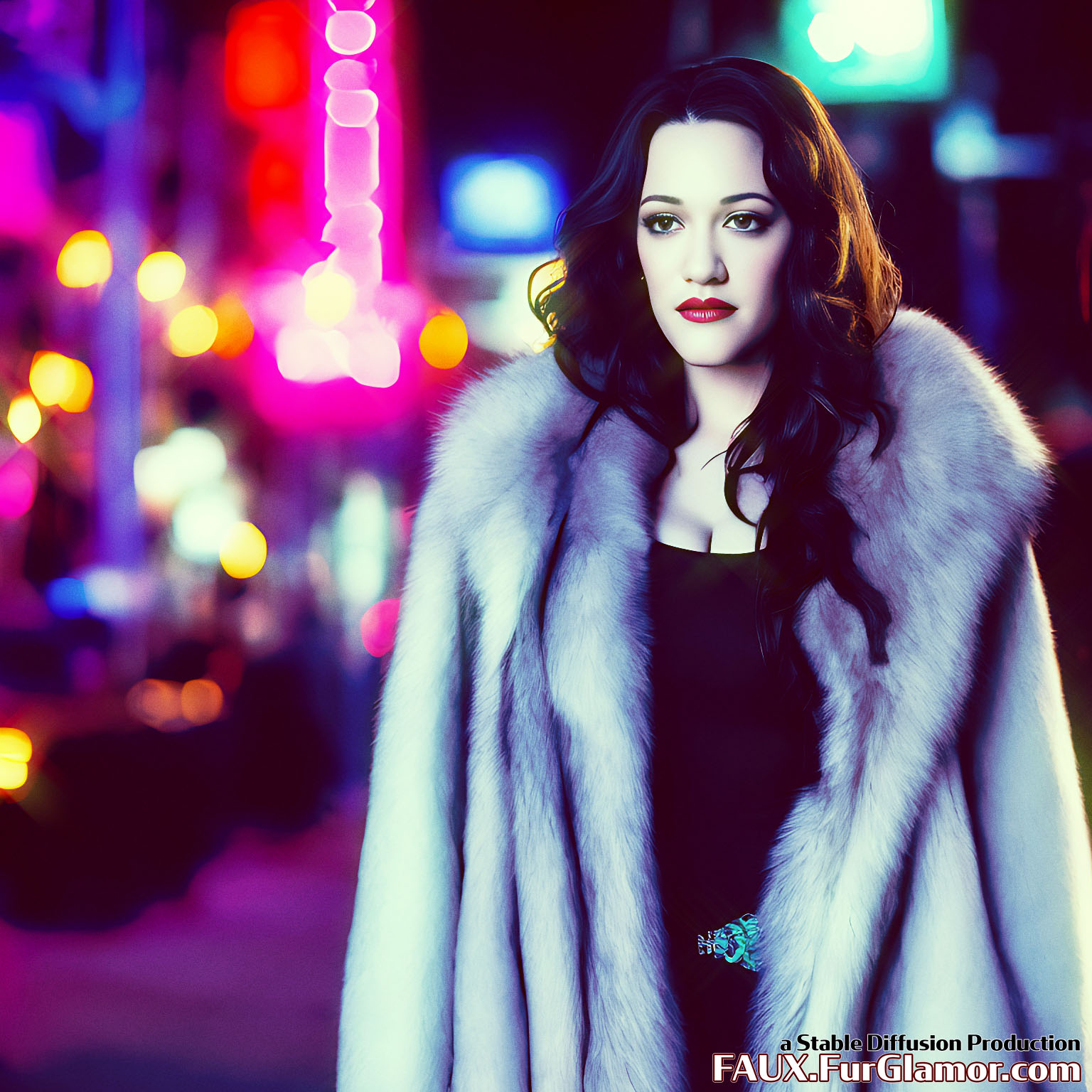 Stable Diffusion Render of Kat Dennings in a Fur Coat