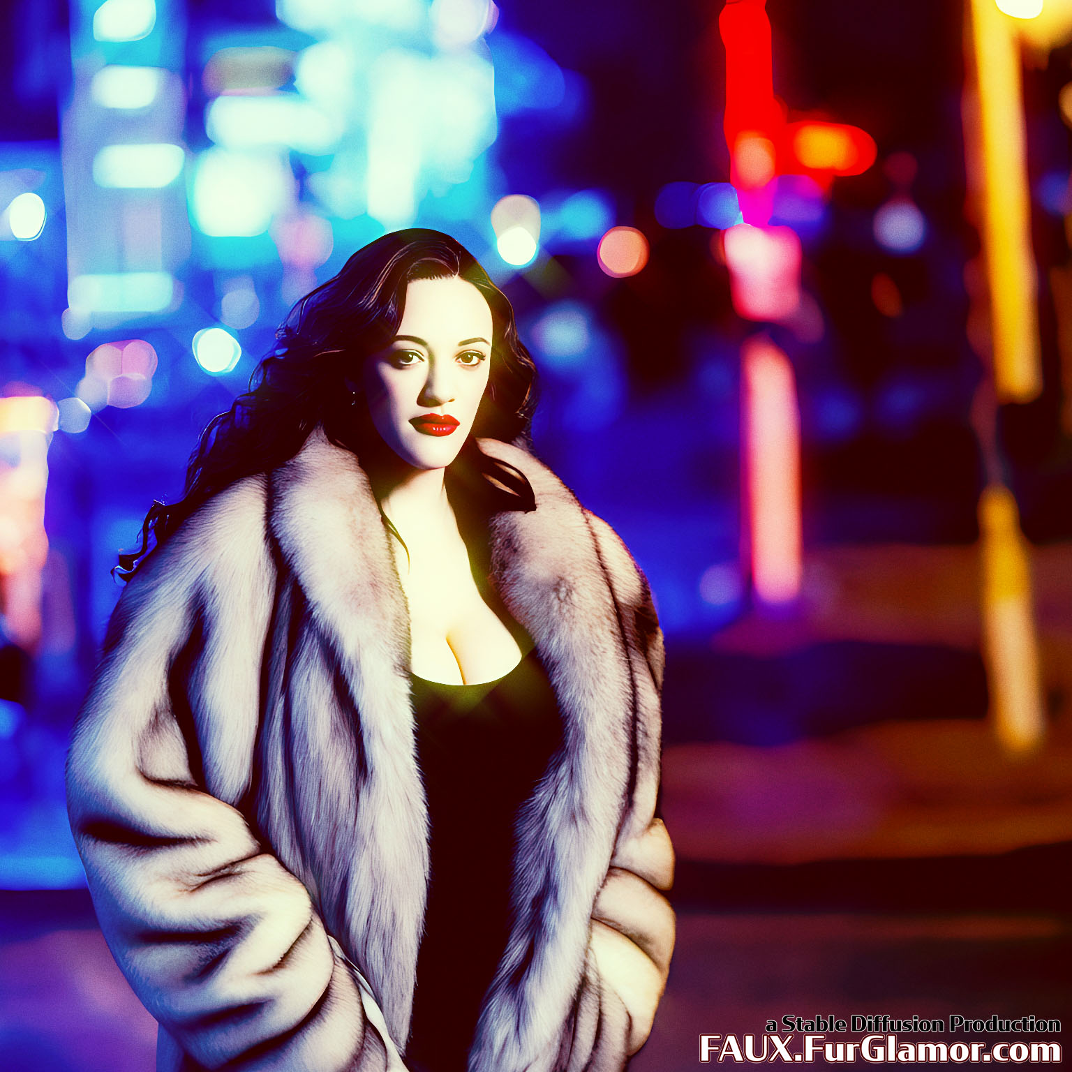 Stable Diffusion Render of Kat Dennings in a Fur Coat