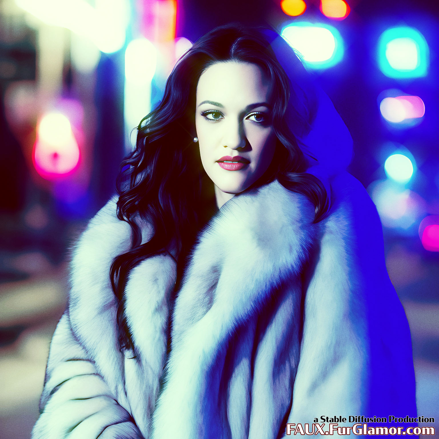 Stable Diffusion Render of Kat Dennings in a Fur Coat