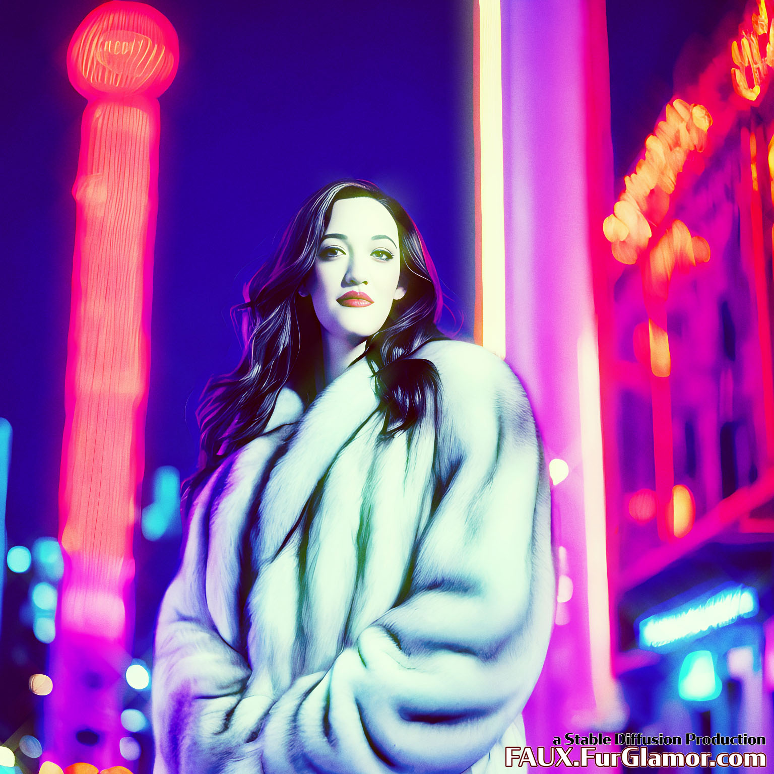 Stable Diffusion Render of Kat Dennings in a Fur Coat
