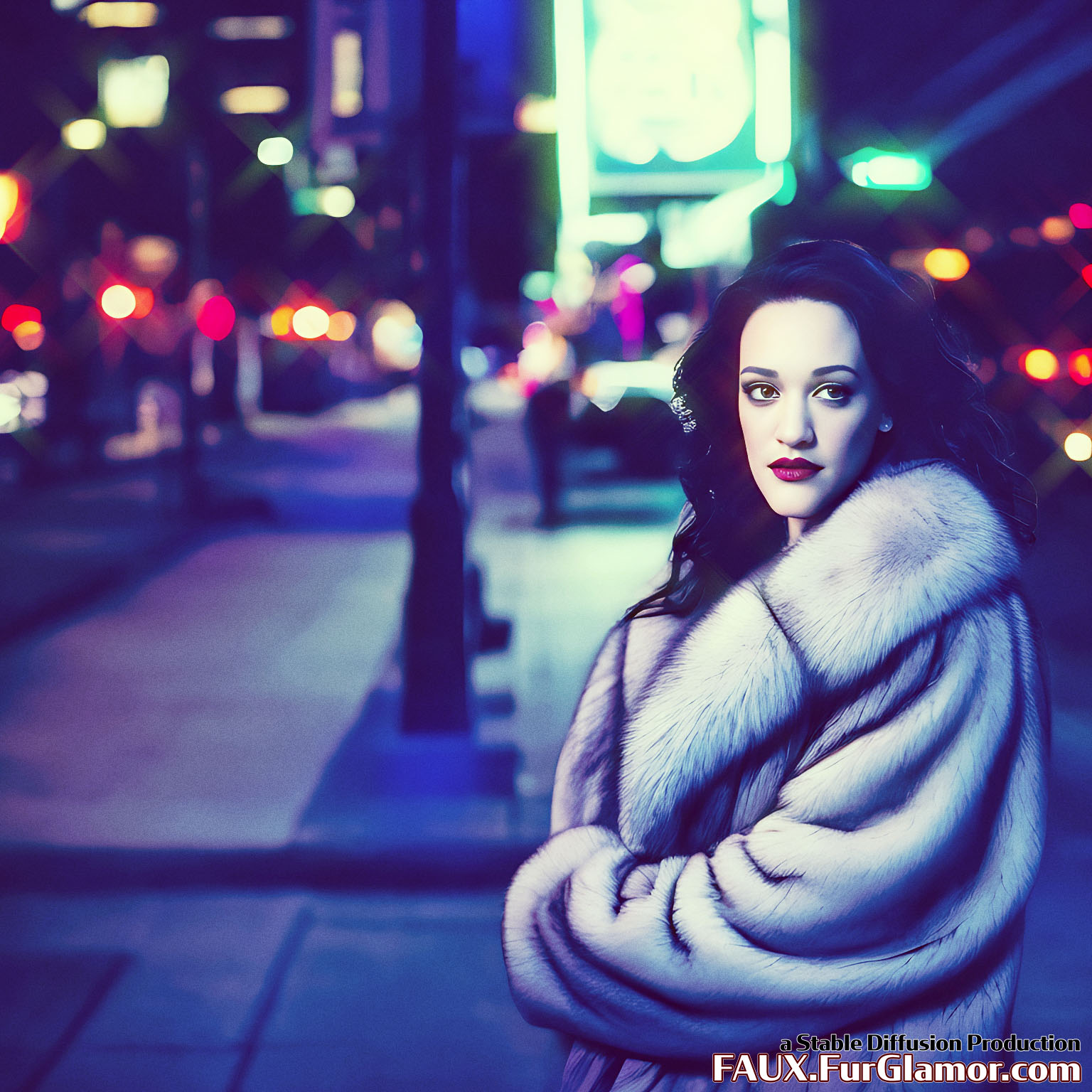 Stable Diffusion Render of Kat Dennings in a Fur Coat