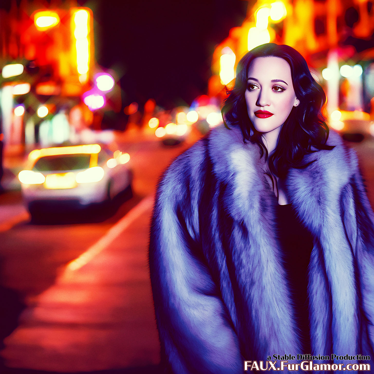 Stable Diffusion Render of Kat Dennings in a Fur Coat