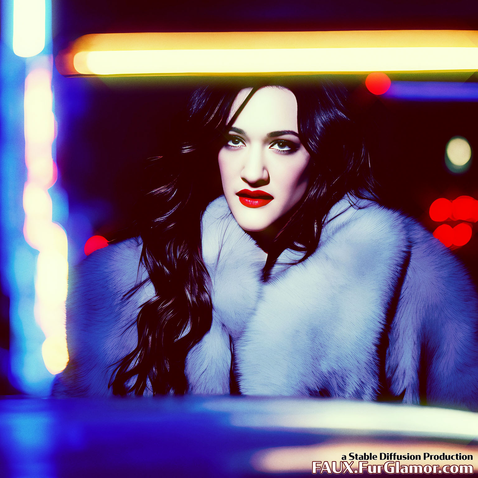 Stable Diffusion Render of Kat Dennings in a Fur Coat