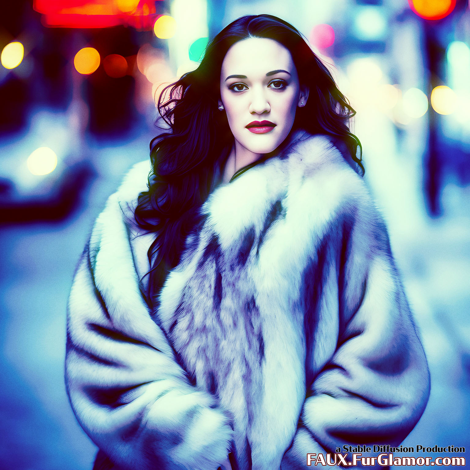 Stable Diffusion Render of Kat Dennings in a Fur Coat