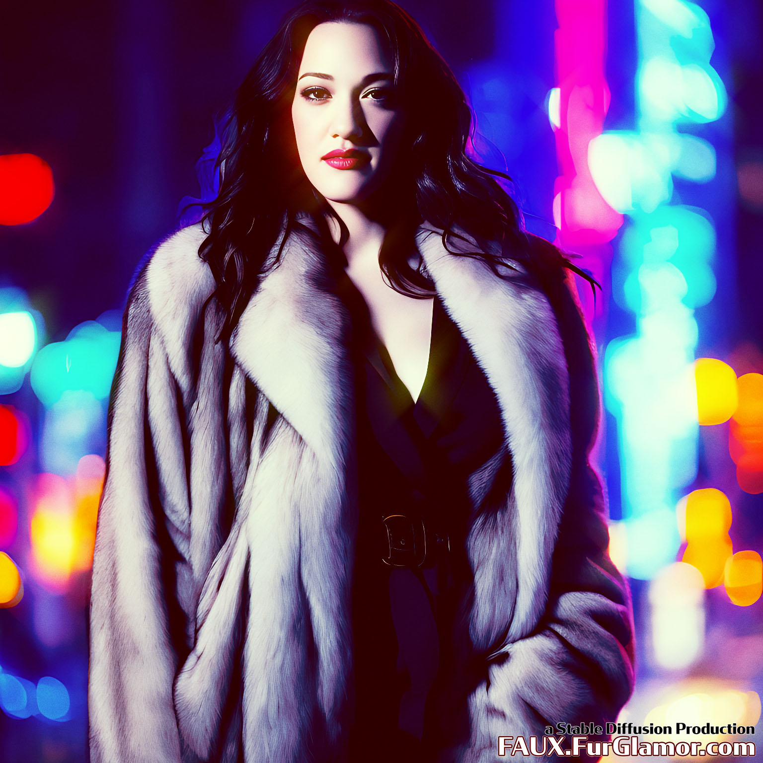 Stable Diffusion Render of Kat Dennings in a Fur Coat