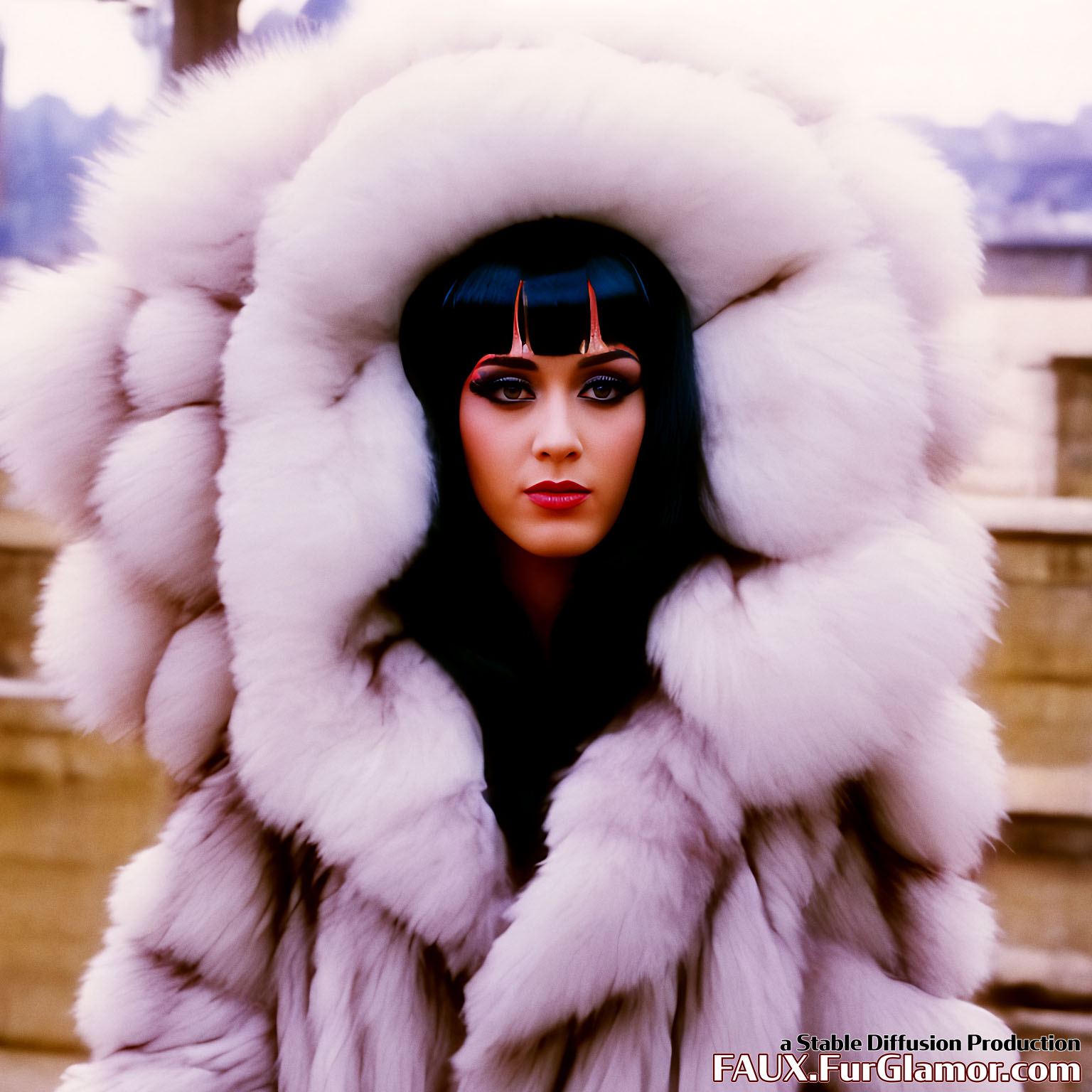 Stable Diffusion Render of Katy Perry in a very large Fur Coat