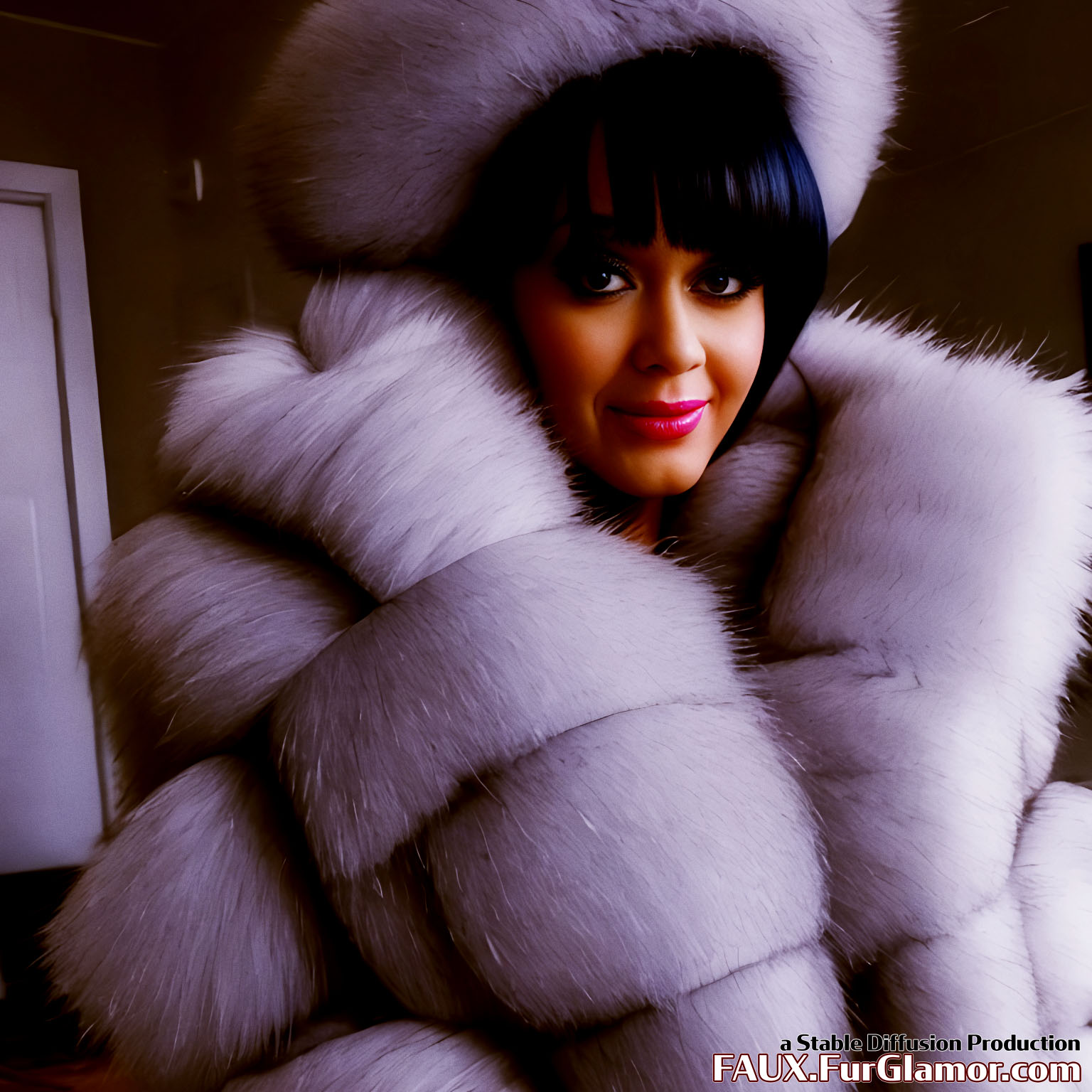 Stable Diffusion Render of Katy Perry in a very large Fur Coat