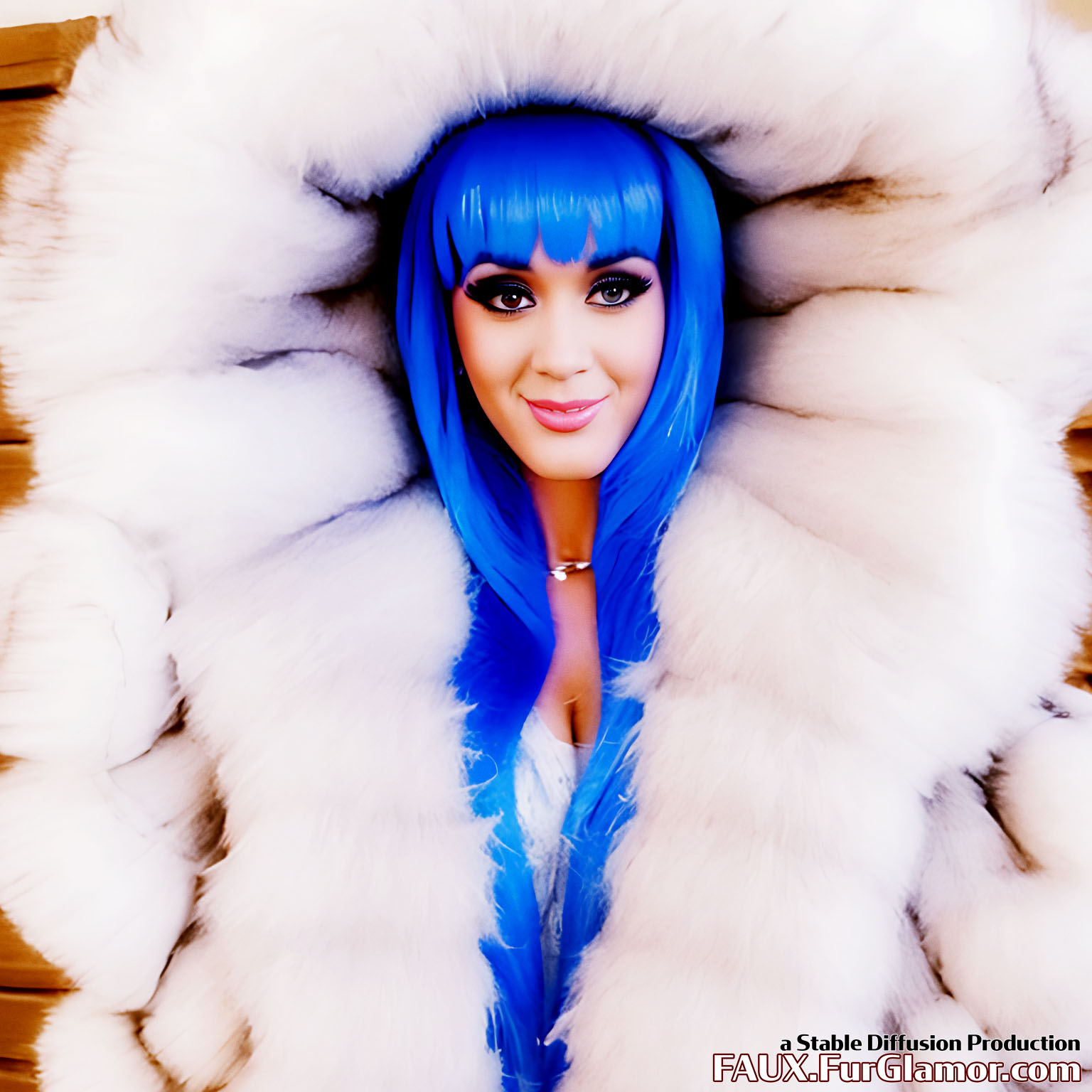 Stable Diffusion Render of Katy Perry in a very large Fur Coat