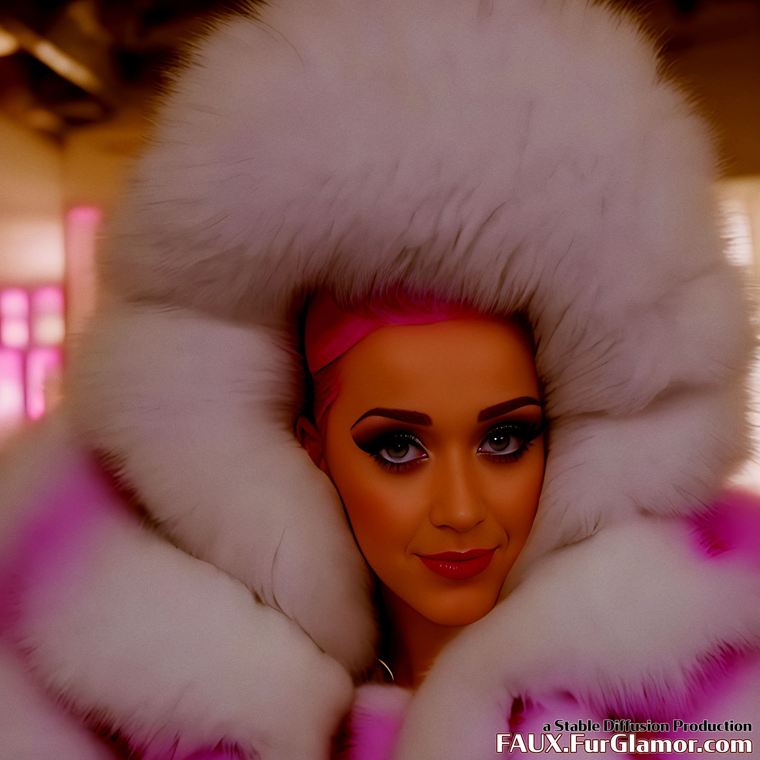 Stable Diffusion Render of Katy Perry in a very large Fur Coat