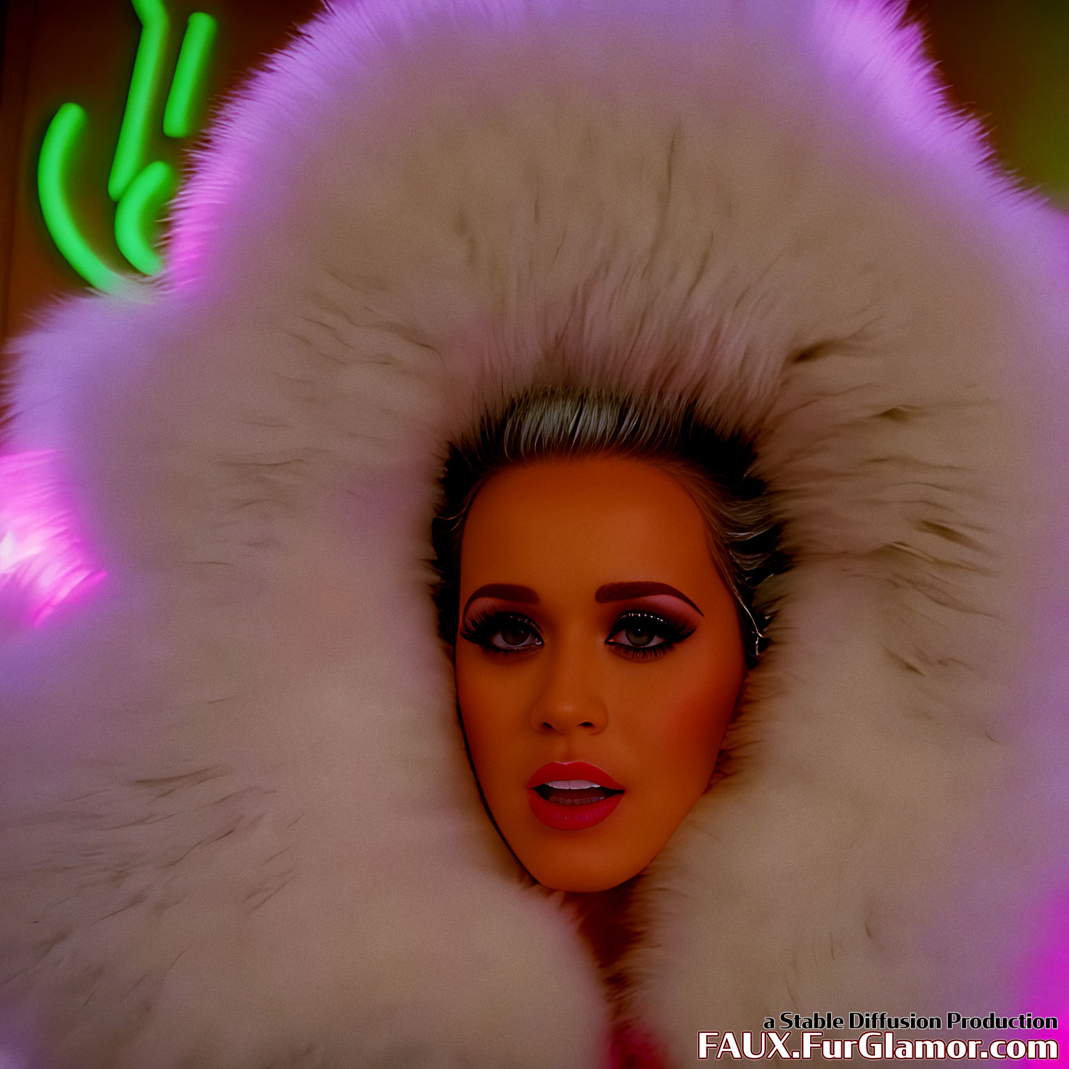 Stable Diffusion Render of Katy Perry in a very large Fur Coat
