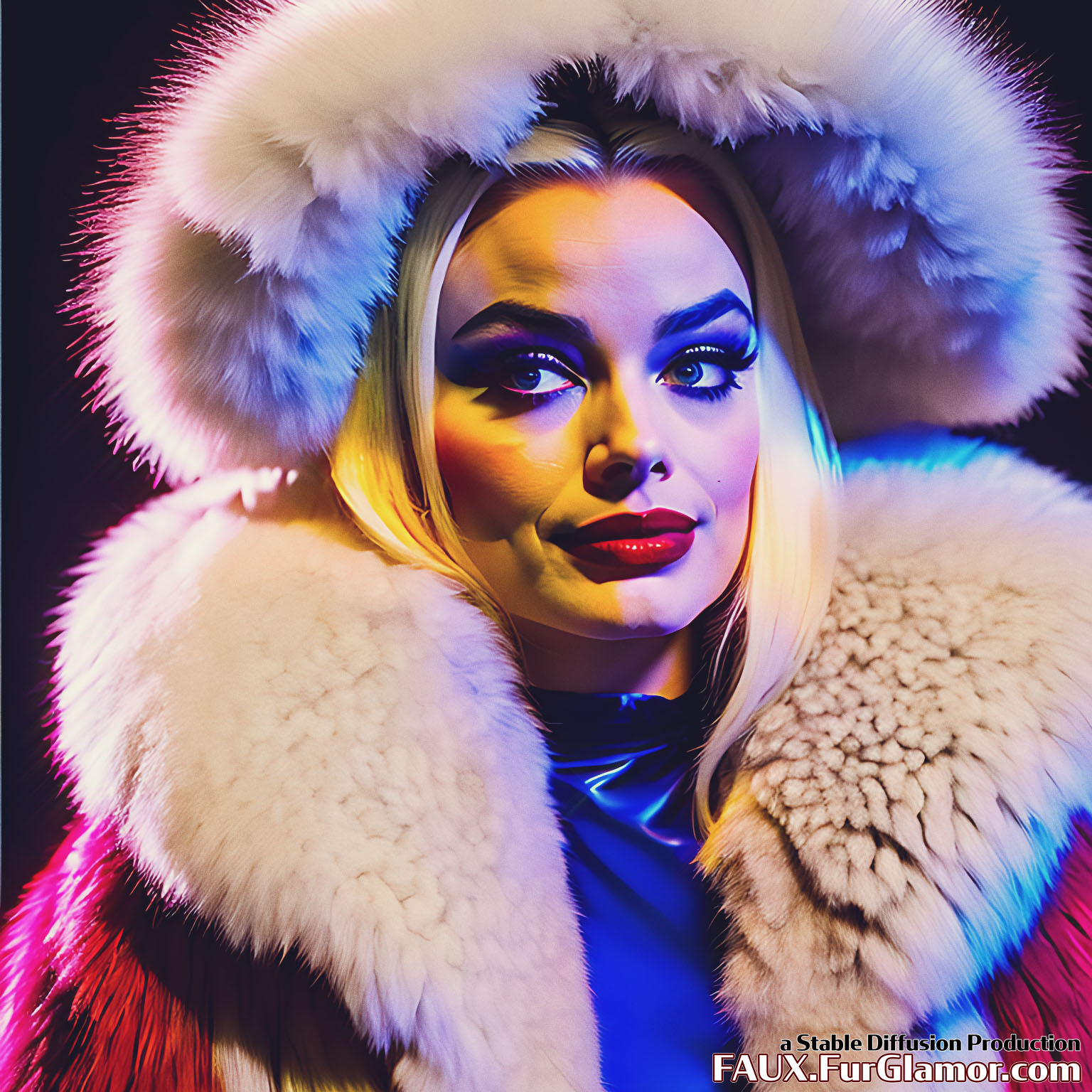 Stable Diffusion Render of Margo Robbie as the Character Harley Quinn wearing a Fur Coat