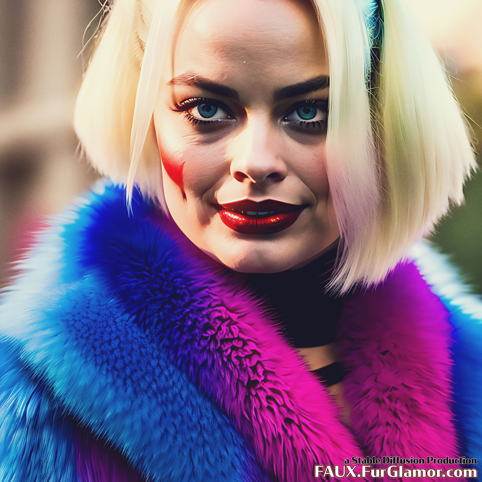 Stable Diffusion Render of Margo Robbie as the Character Harley Quinn wearing a Fur Coat