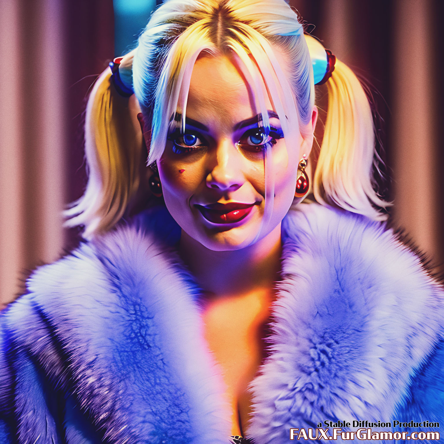 Stable Diffusion Render of Margo Robbie as the Character Harley Quinn wearing a Fur Coat