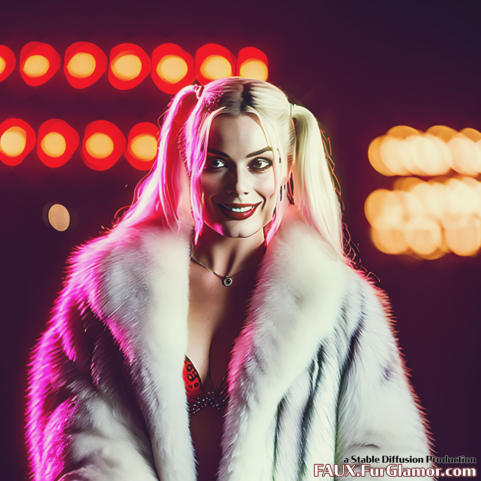 Stable Diffusion Render of Margo Robbie as the Character Harley Quinn wearing a Fur Coat