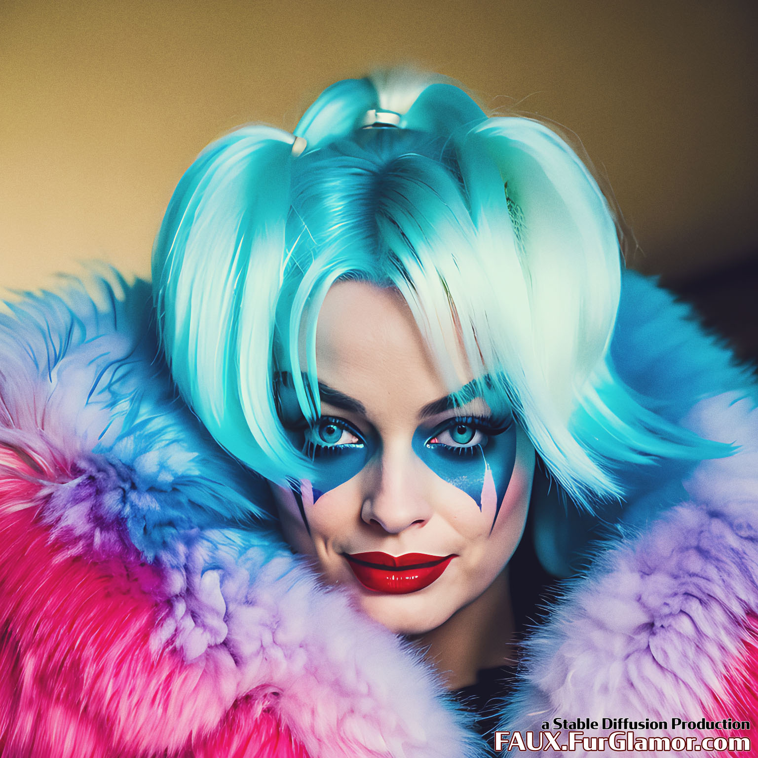 Stable Diffusion Render of Margo Robbie as the Character Harley Quinn wearing a Fur Coat