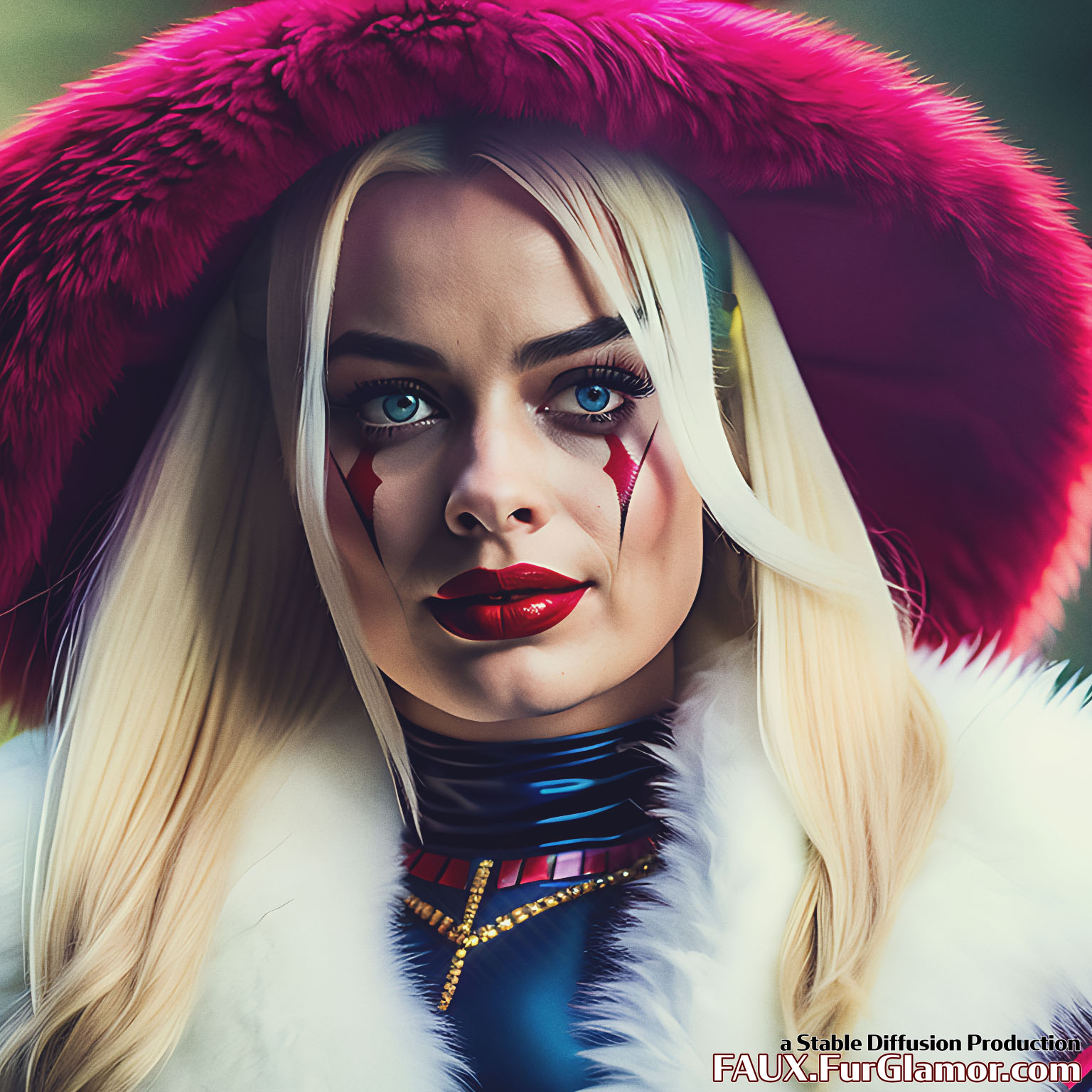 Stable Diffusion Render of Margo Robbie as the Character Harley Quinn wearing a Fur Coat