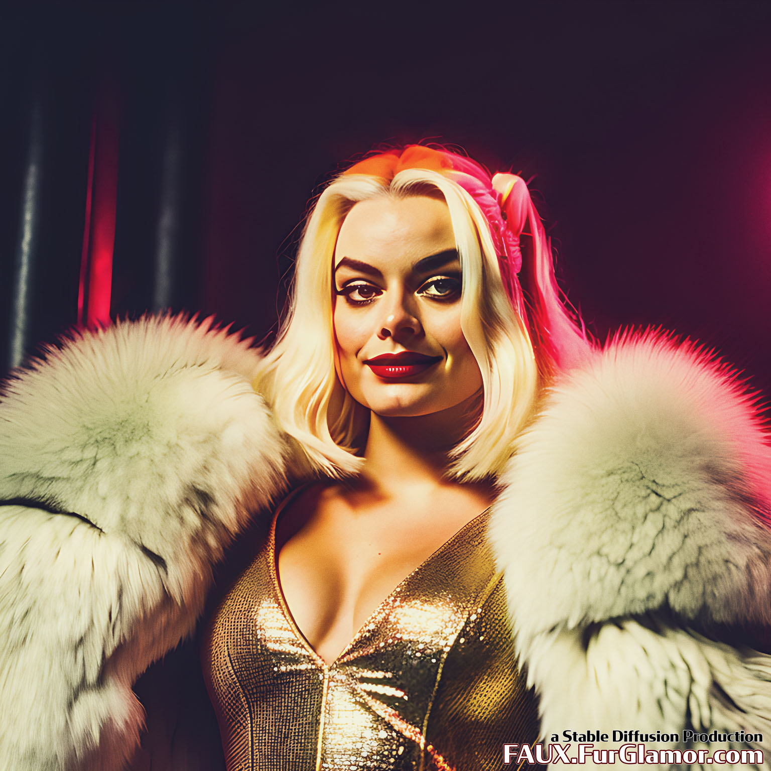 Stable Diffusion Render of Margo Robbie as the Character Harley Quinn wearing a Fur Coat
