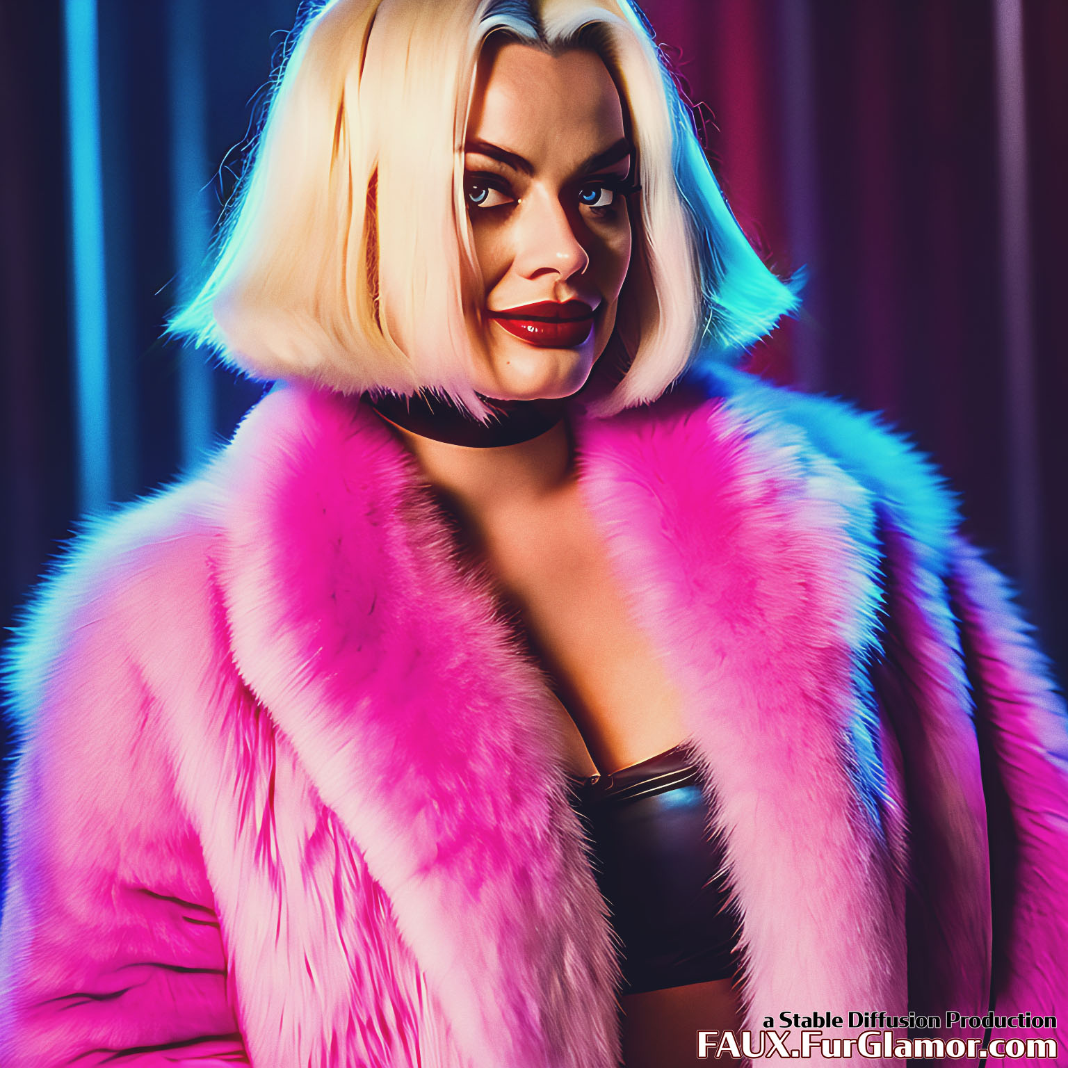 Stable Diffusion Render of Margo Robbie as the Character Harley Quinn wearing a Fur Coat