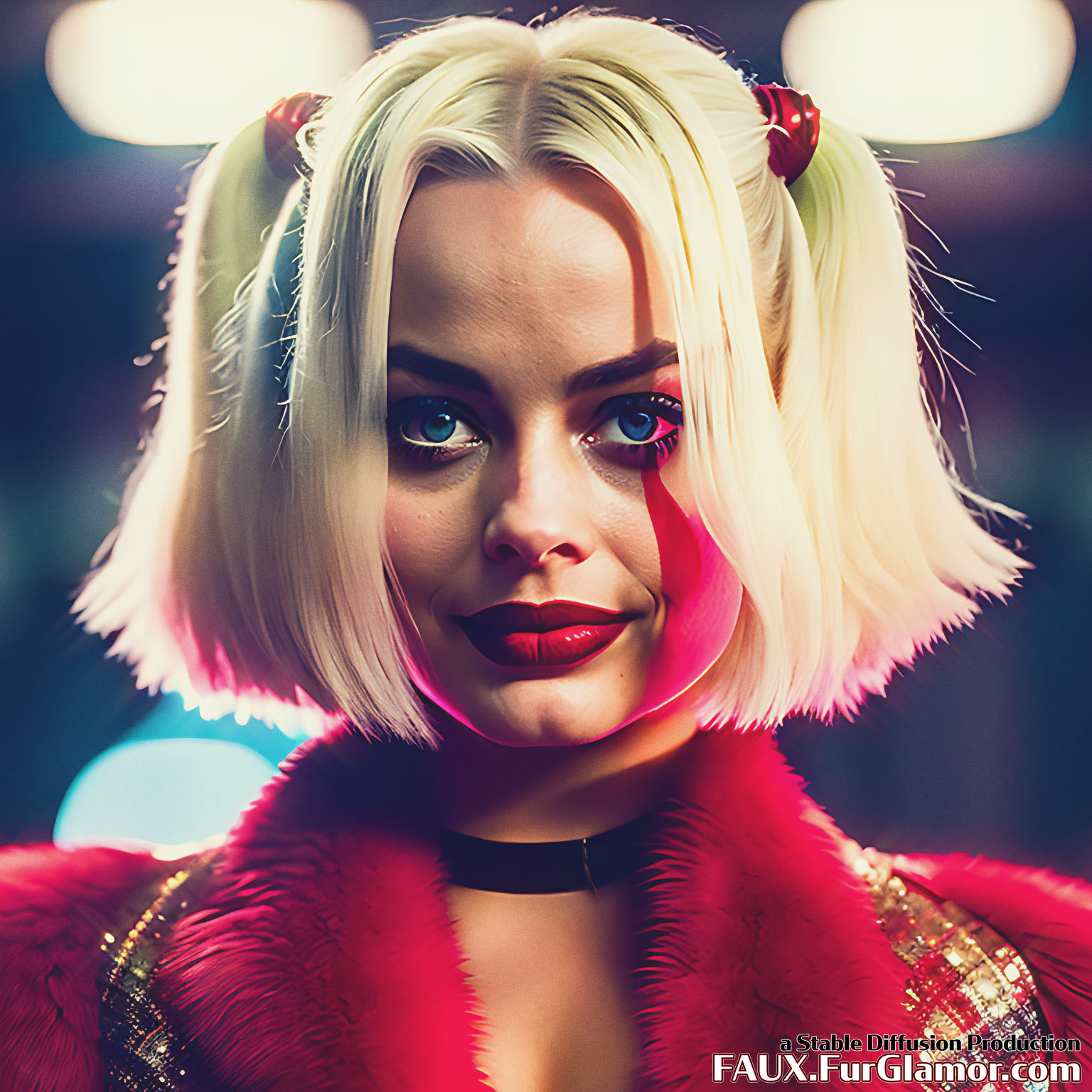 Stable Diffusion Render of Margo Robbie as the Character Harley Quinn wearing a Fur Coat