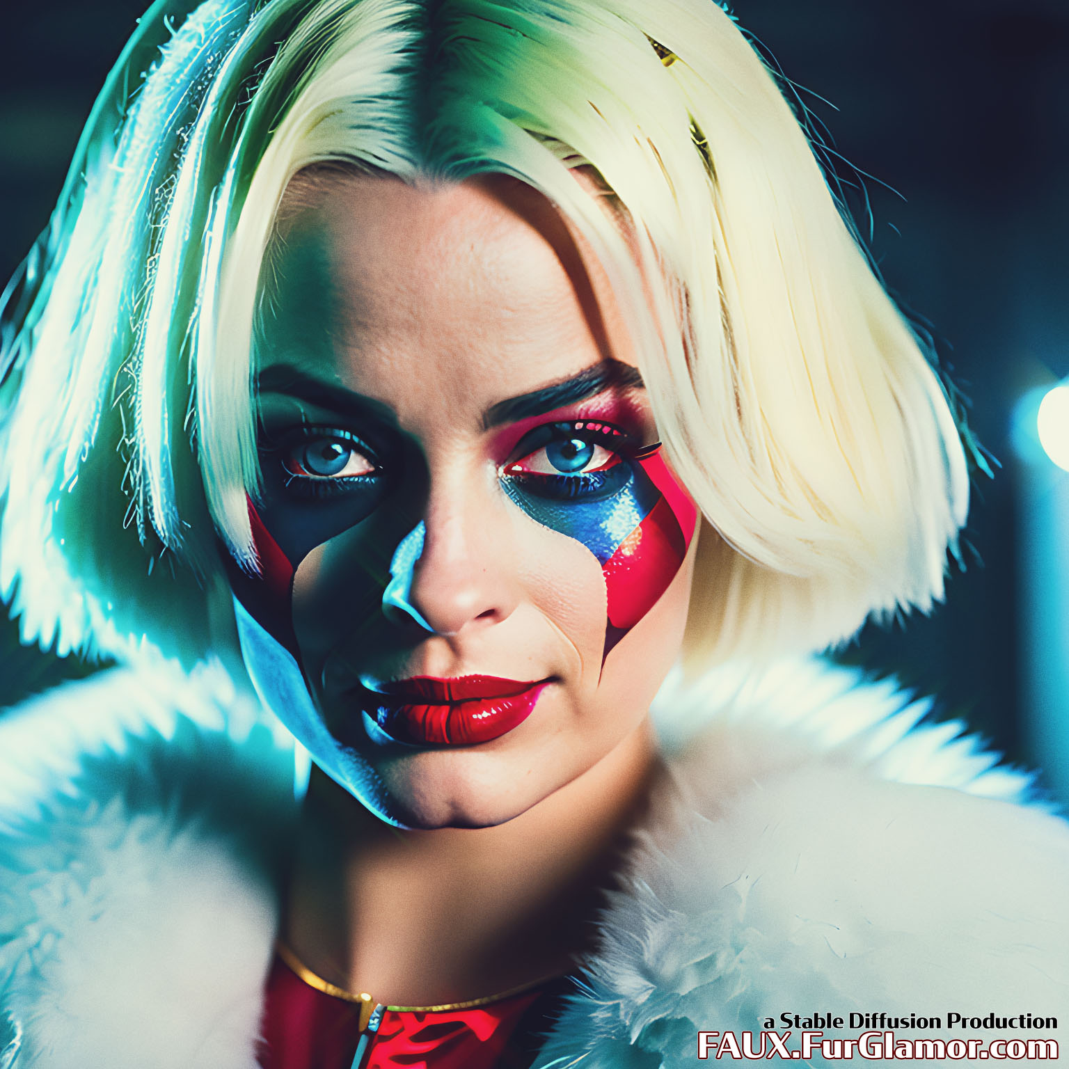 Stable Diffusion Render of Margo Robbie as the Character Harley Quinn wearing a Fur Coat