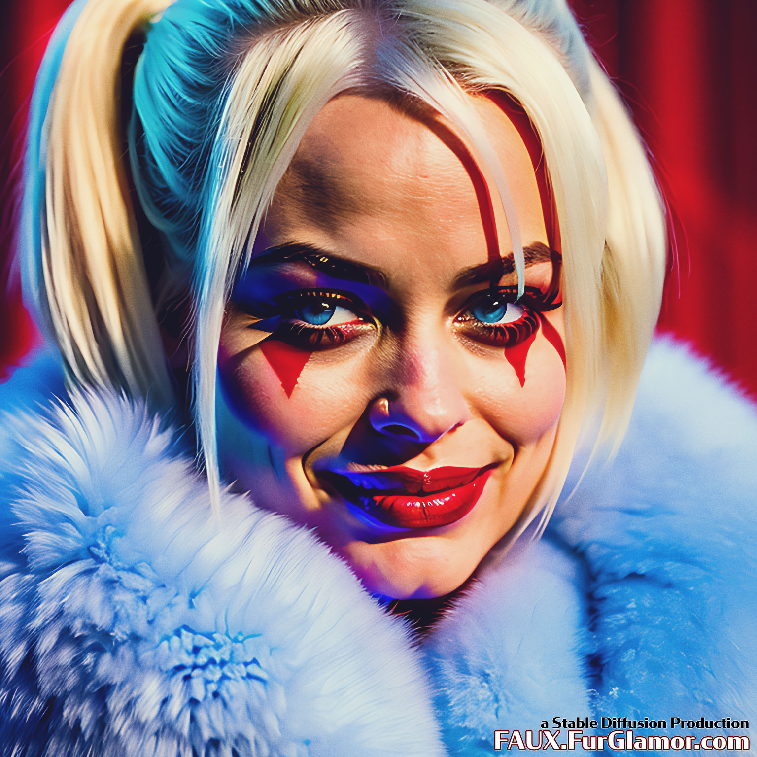 Stable Diffusion Render of Margo Robbie as the Character Harley Quinn wearing a Fur Coat