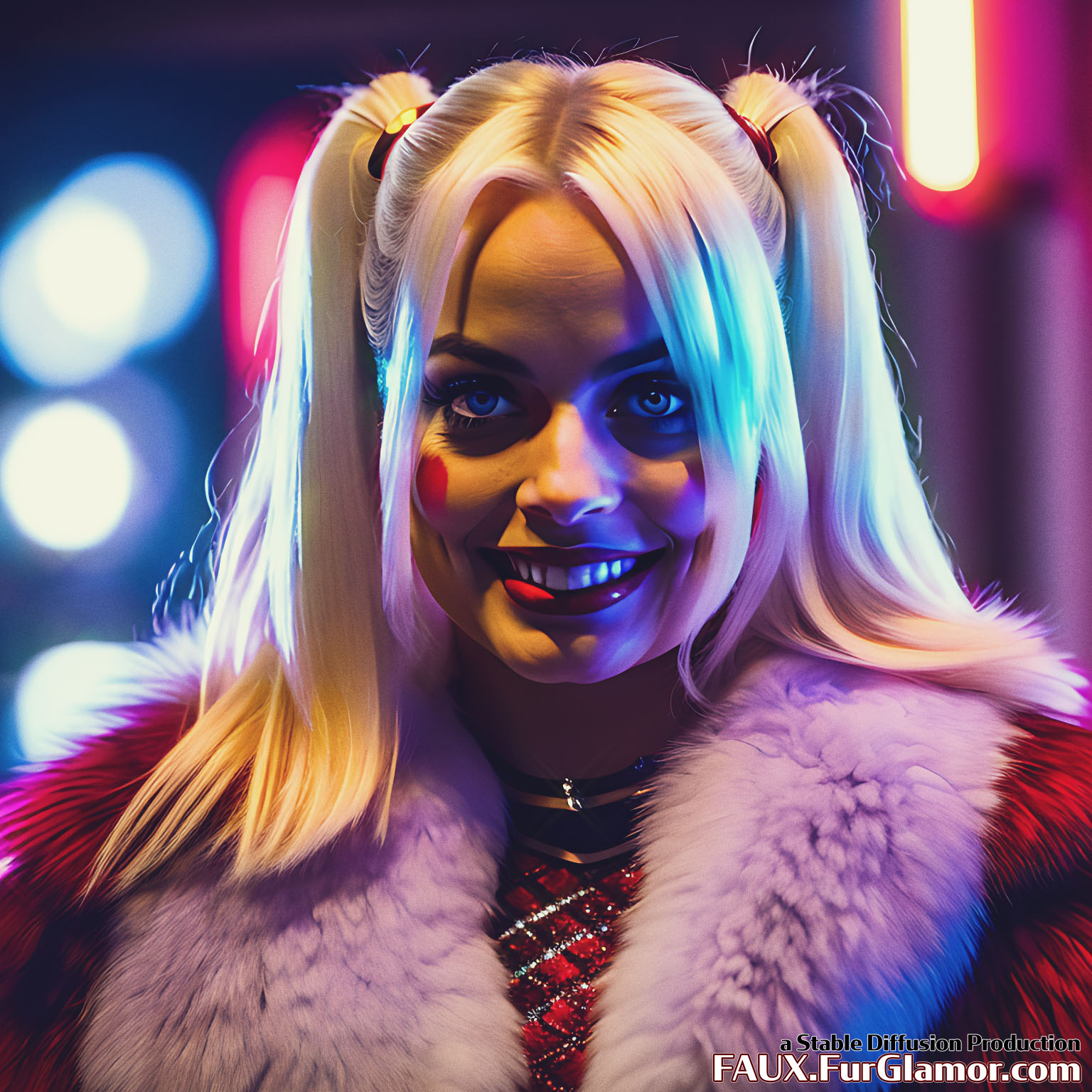 Stable Diffusion Render of Margo Robbie as the Character Harley Quinn wearing a Fur Coat