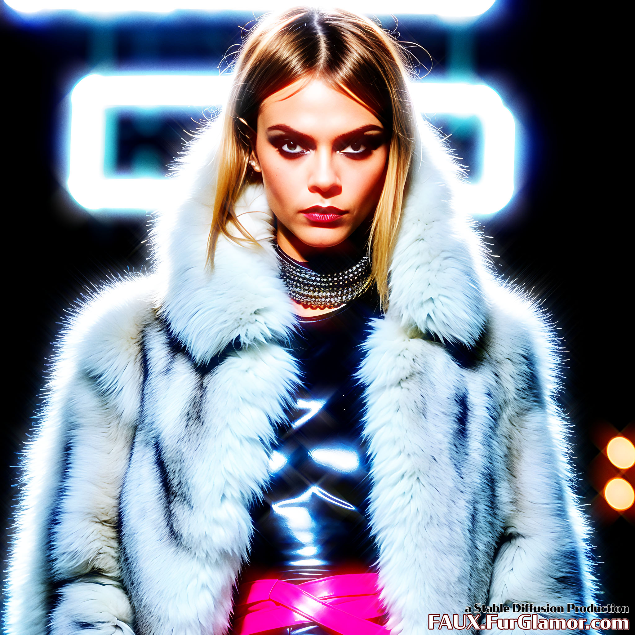 Stable Diffusion Render of Cara Delevingne in a Fur Coat