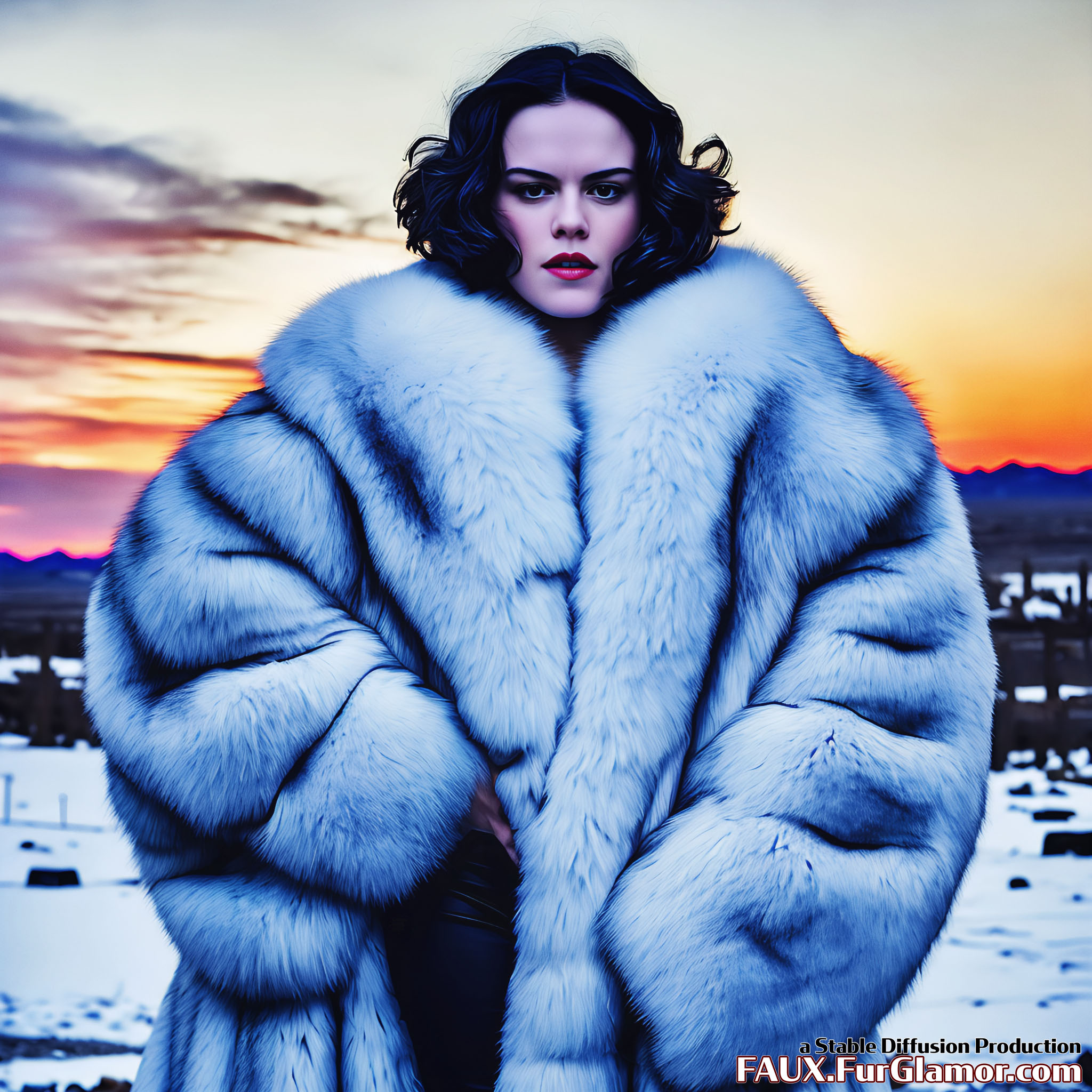 Stable Diffusion Render of Daisy Ridley in a fur coat