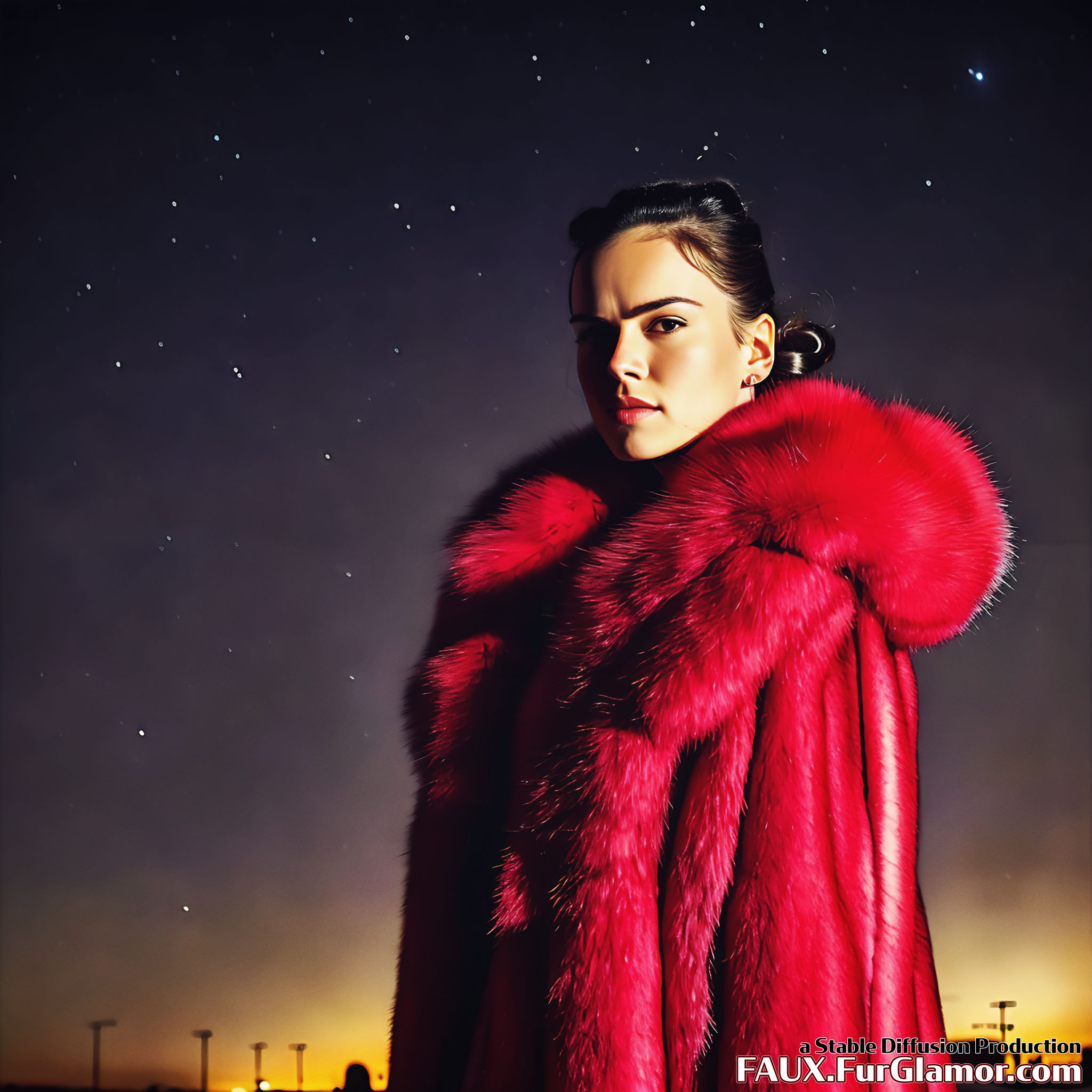 Stable Diffusion Render of Daisy Ridley in a fur coat